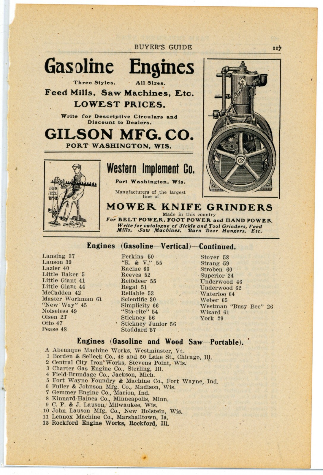 1905 Gilson Mfg. Co. Ad: Gas Engines, Western Implement Co. Port Washington, WI