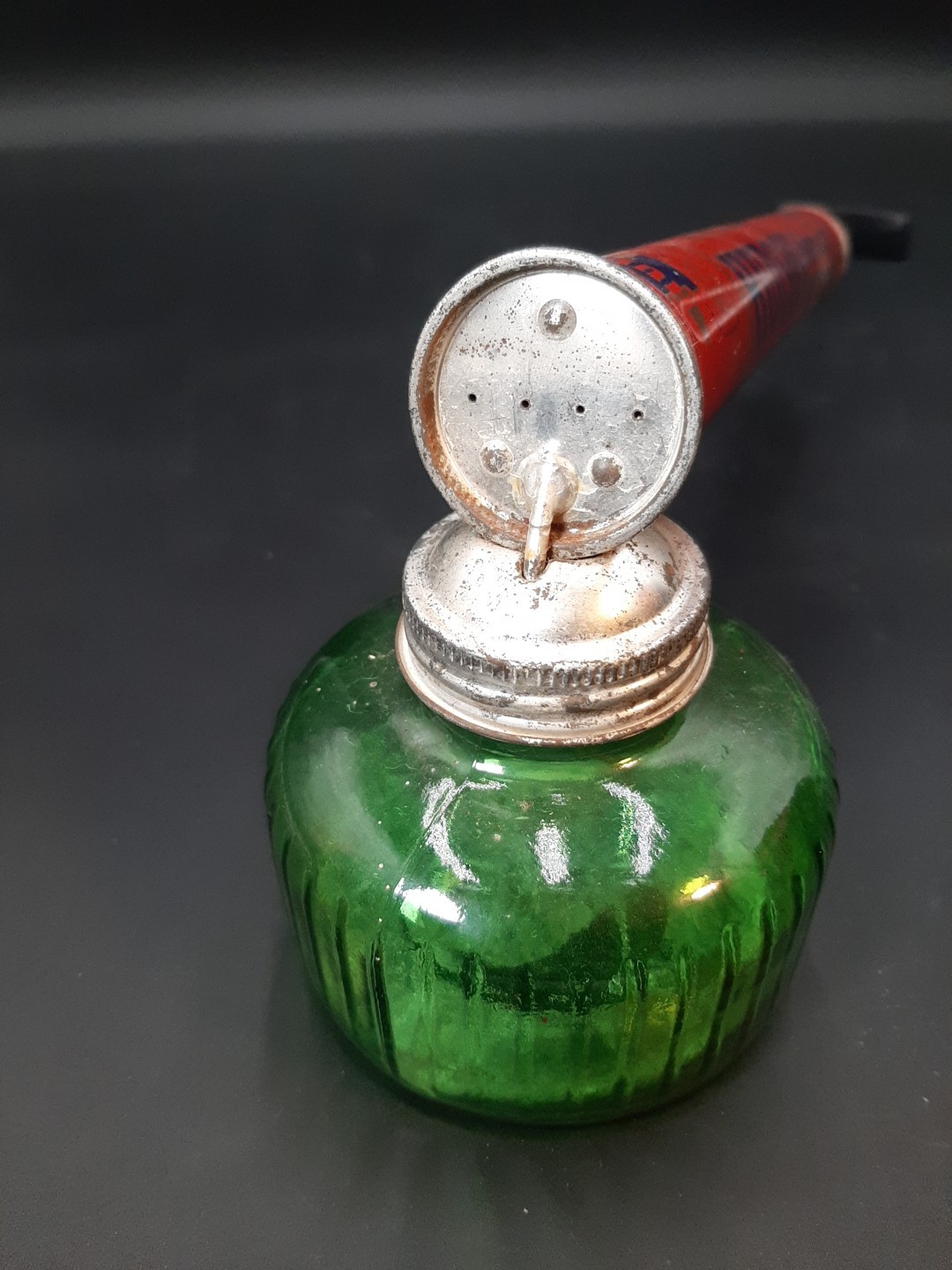 Vintage Hudson Pump Duster Bug Sprayer Green Glass Bottle Jar Metal Wood Fogger