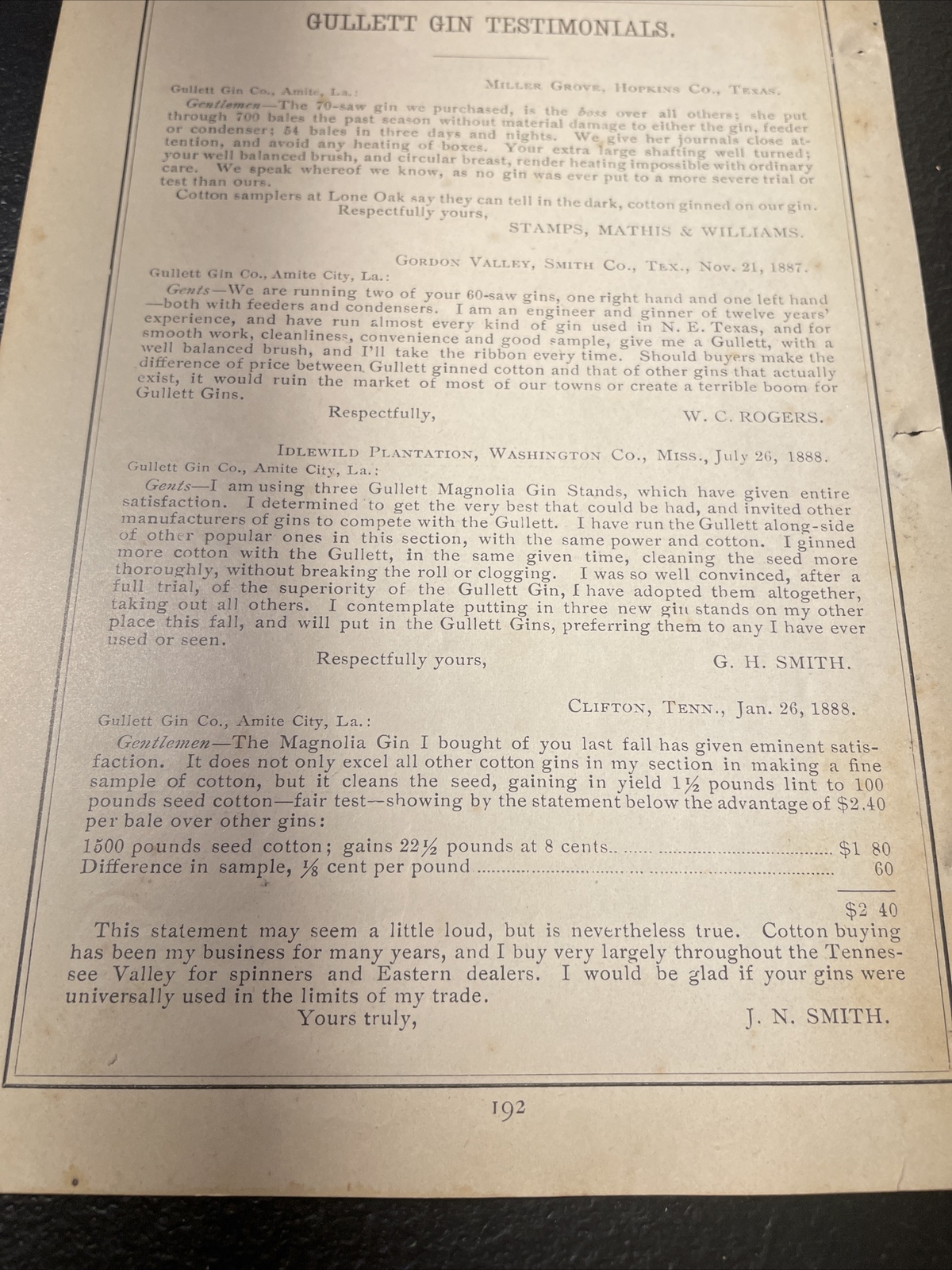 1891 Baldwin – Gullett Gin Testimonials – Farm Advertising- Amite – Louisiana