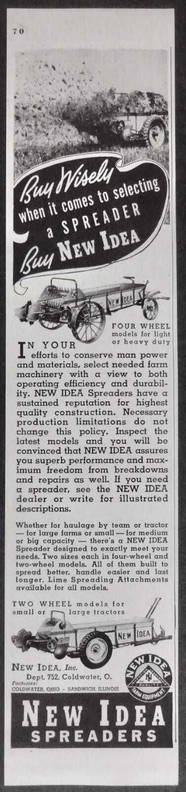 1942 Magazine Ad New Idea Spreaders Coldwater Ohio Black & White 11 1/4&Prime;x 2 1/2&Prime;