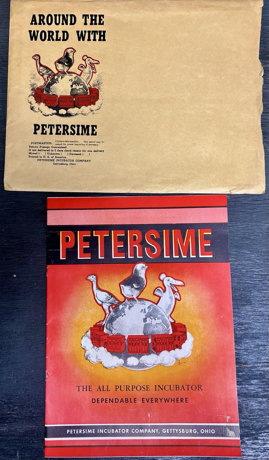 VINTAGE 1946 PETERSIME INCUBATOR SALES PRICE BROCHURE ENVELOPE GETTYSBURG OHIO