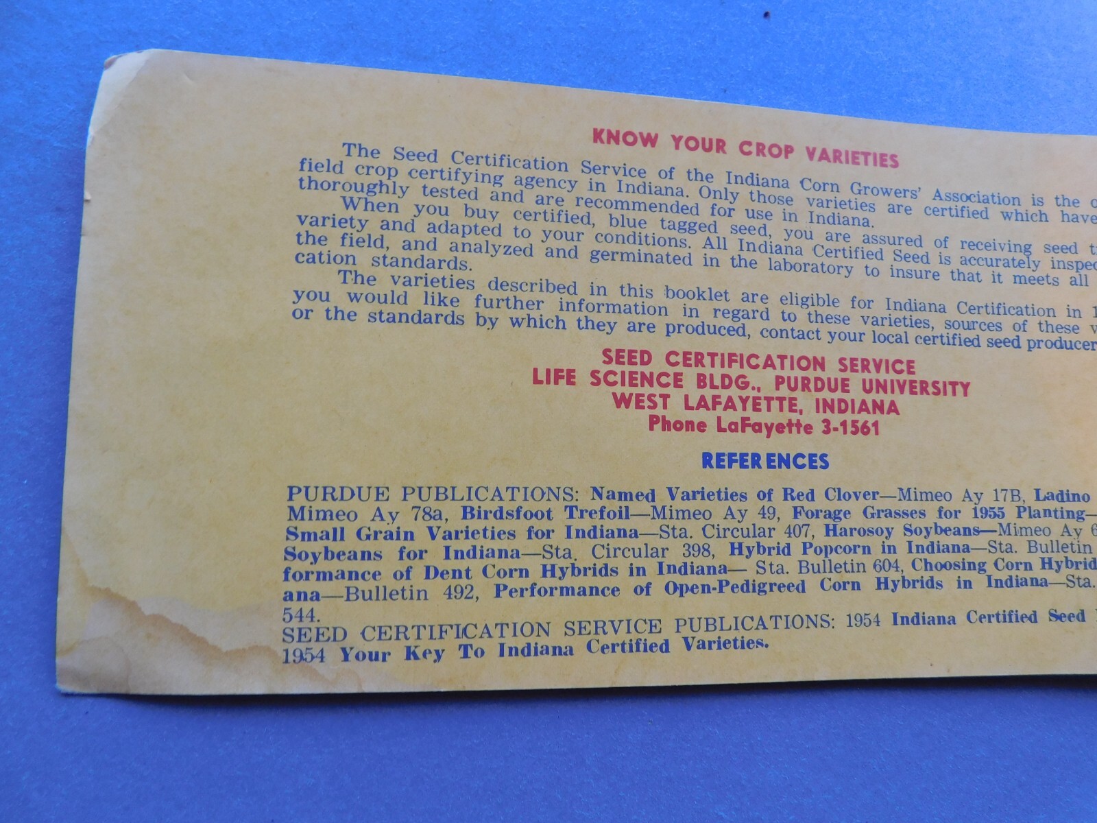Indiana Certified Seed: Key to Varieties – 1954 Regional Small Grain Seeds recom