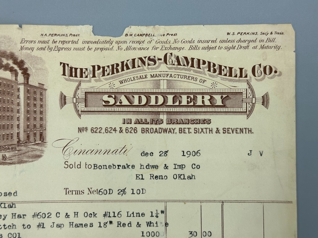 1906 Perkins Campbell SADDLERY Horse Saddle Billhead CINCINNATI Advertising