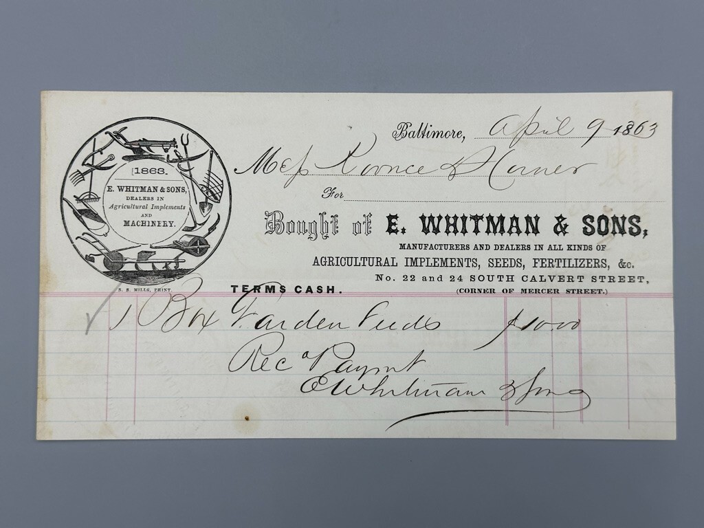 1863 WHITMAN Illustrated FARM MACHINERY ADVERTISING Billhead BALTIMORE