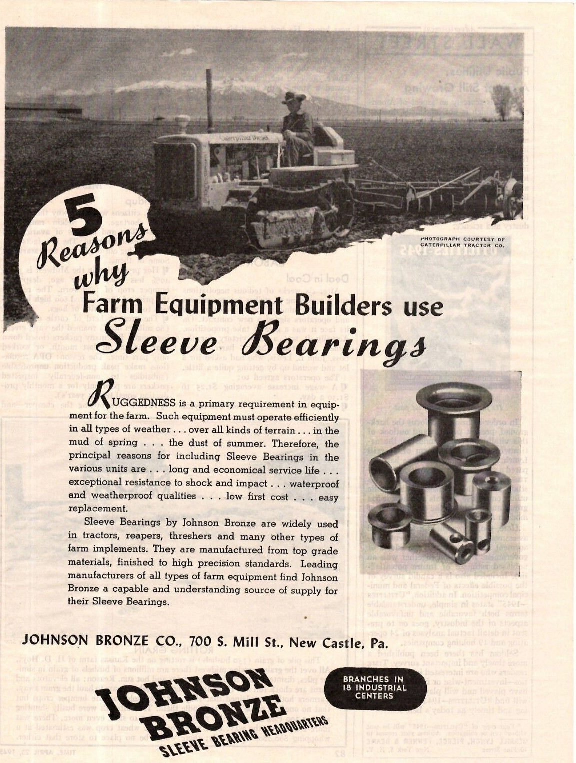 1945 Print Ad Johnson Bronze 5 Reasons Why Farm Equipment Builders Use Sleeve