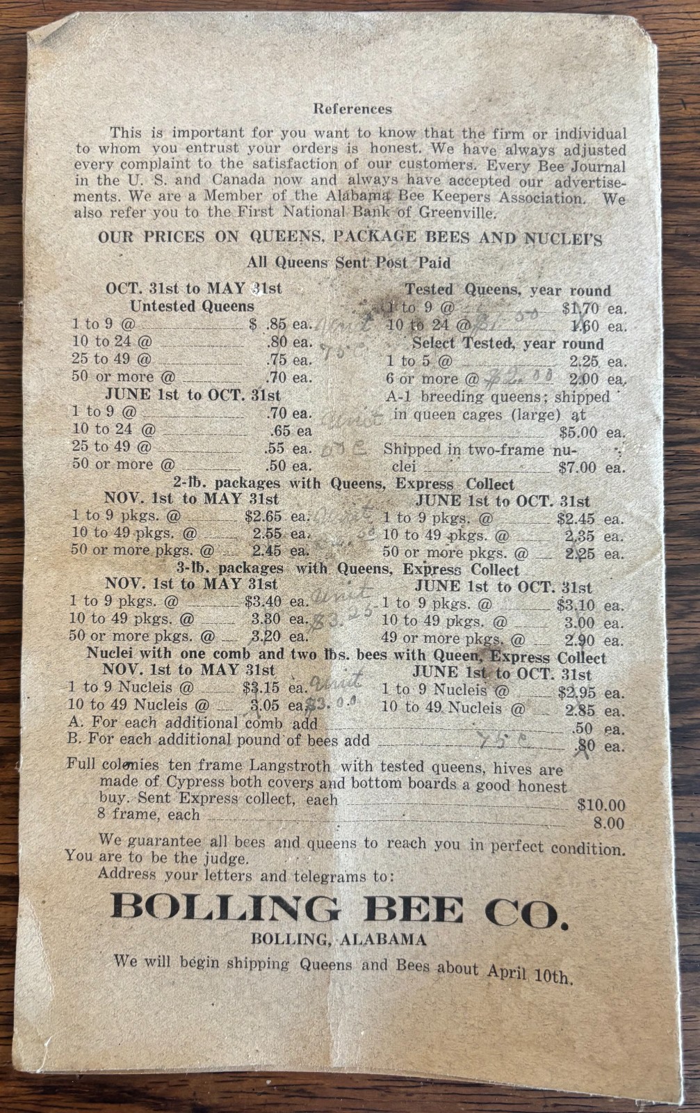 1934 BOLLING BEE CO. APIARY TRADE CATALOG QUEENS CAUCASIAN BEES HONEY BOLLING AL