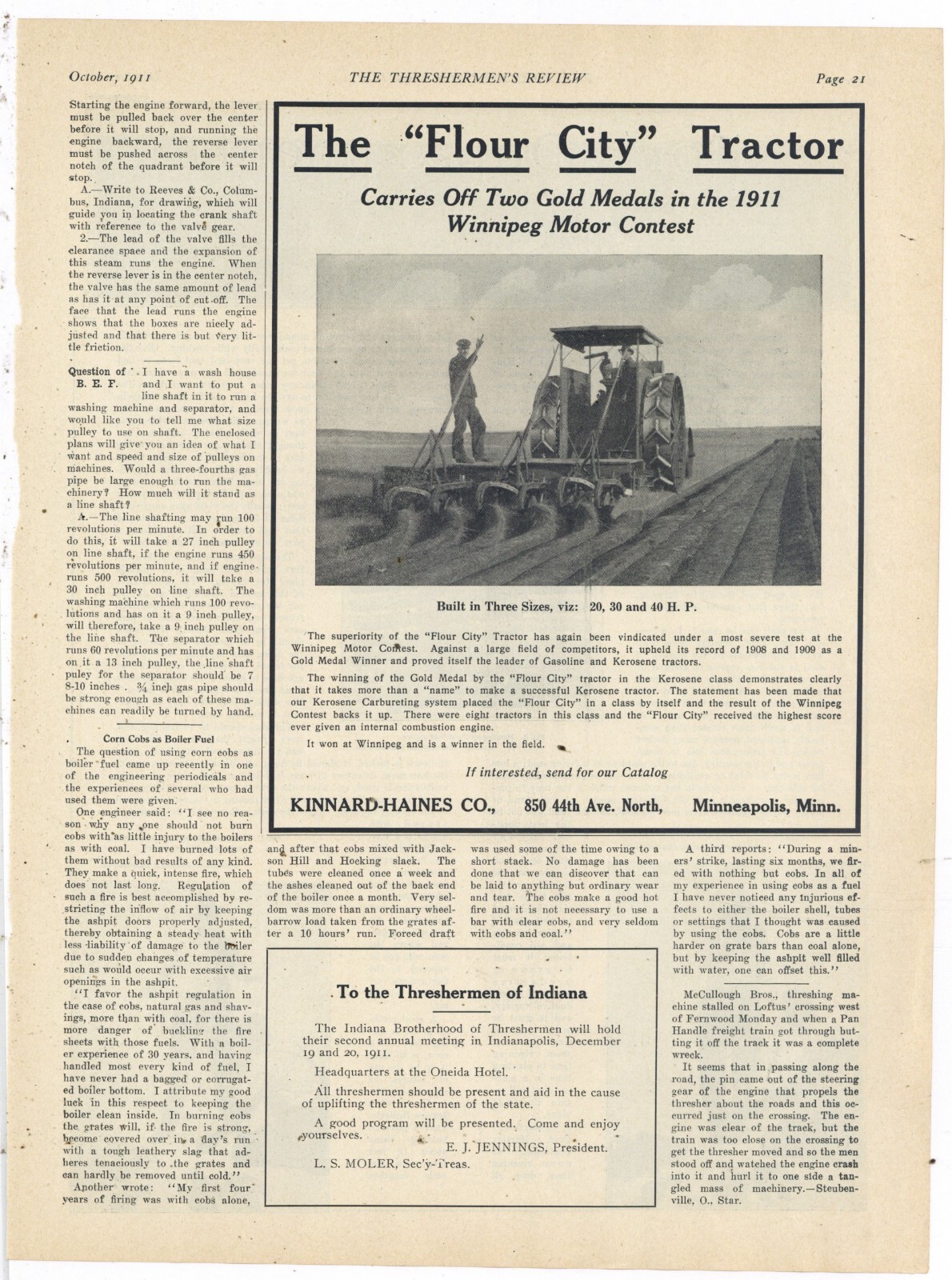 1911 Kinnard Haines Co. Ad: Flour City Tractor, 20-40 HP – Minneapolis, MN