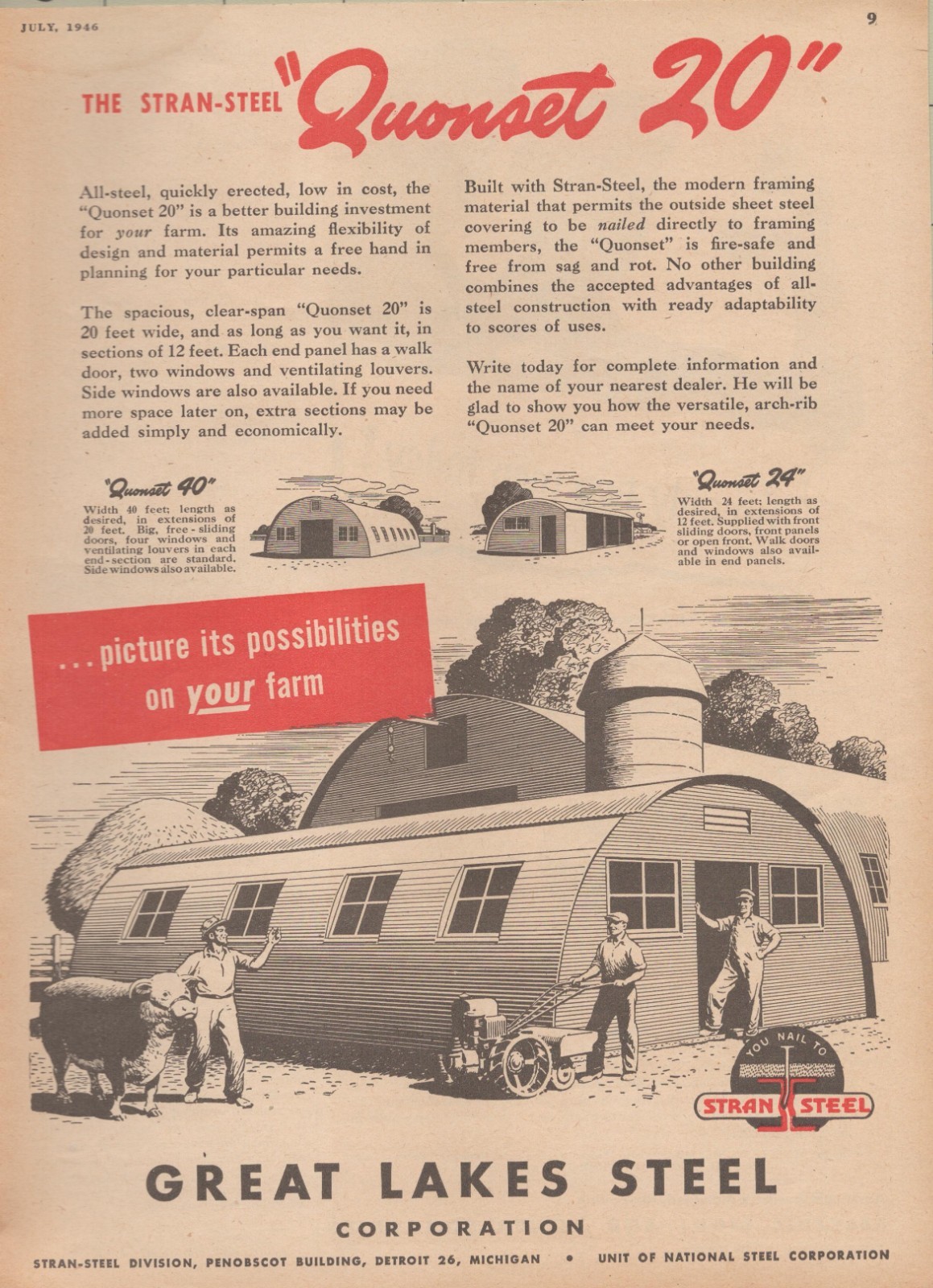 1946 Great Lakes Steel Quonset Farm Building Vintage Print Ad Agricultural Barn