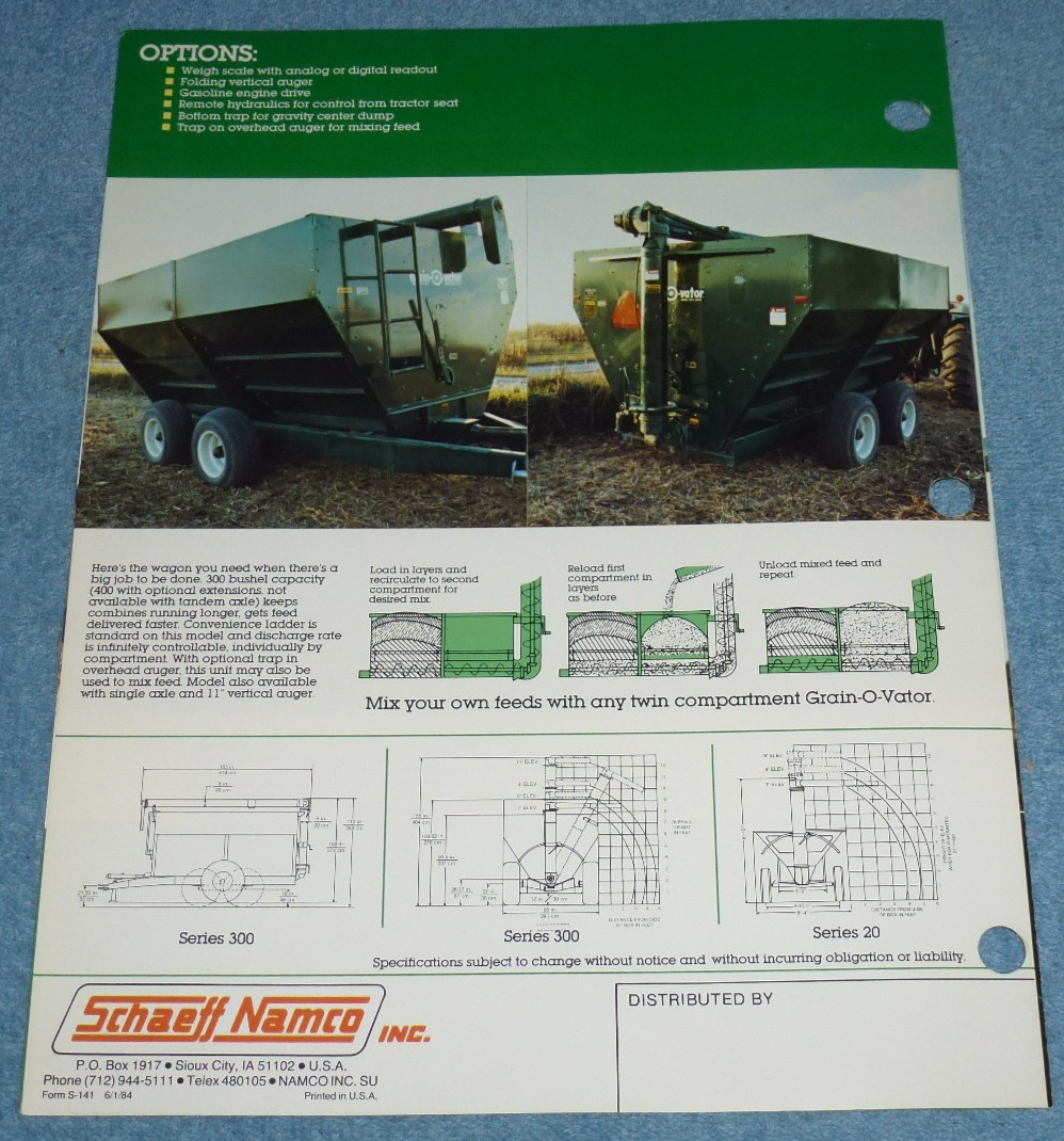Vintage 1984 Schaeff Namco Grain-O-vator Augers Farm Equipment Brochure Specs