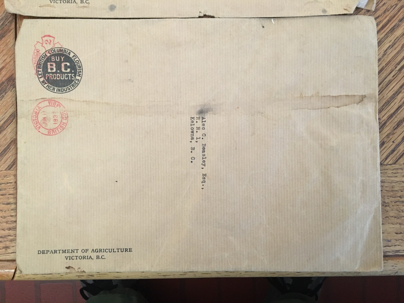 Dept Agriculture Envelopes Receipt 1937 Victoria Canada Kelowna BC Cattle Farm
