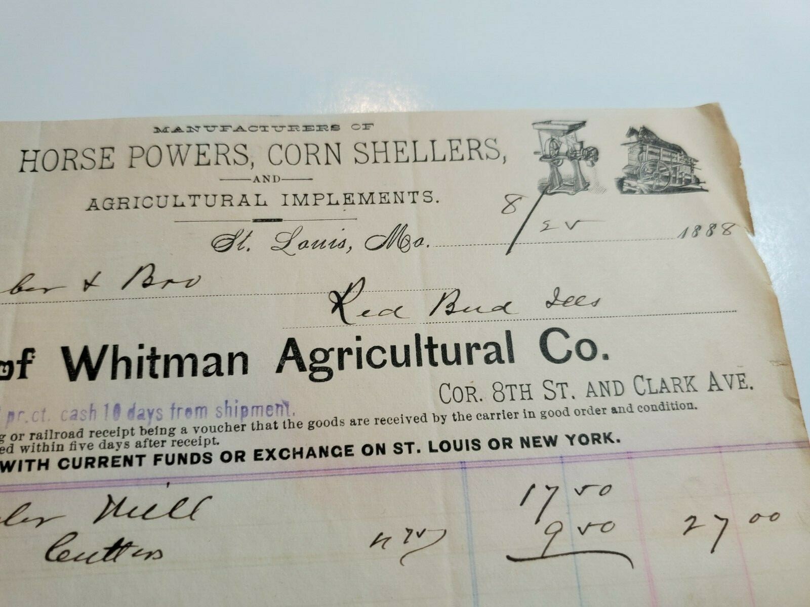FARM IMPLEMENTS LETTERHEAD BILLHEAD WHITMAN AGRICULTURAL CO. Horse Corn Sheller