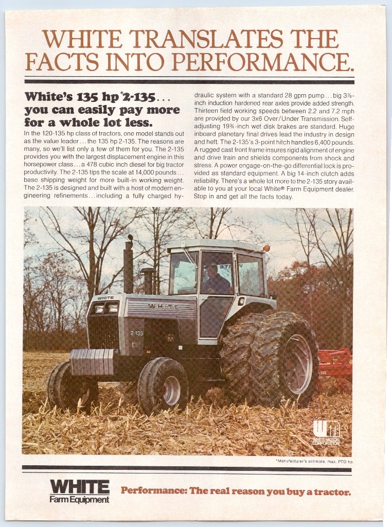 White 2-135 Farm Equipment Tractor 135 HP Diesel White Motor Corp 1978 Print Ad