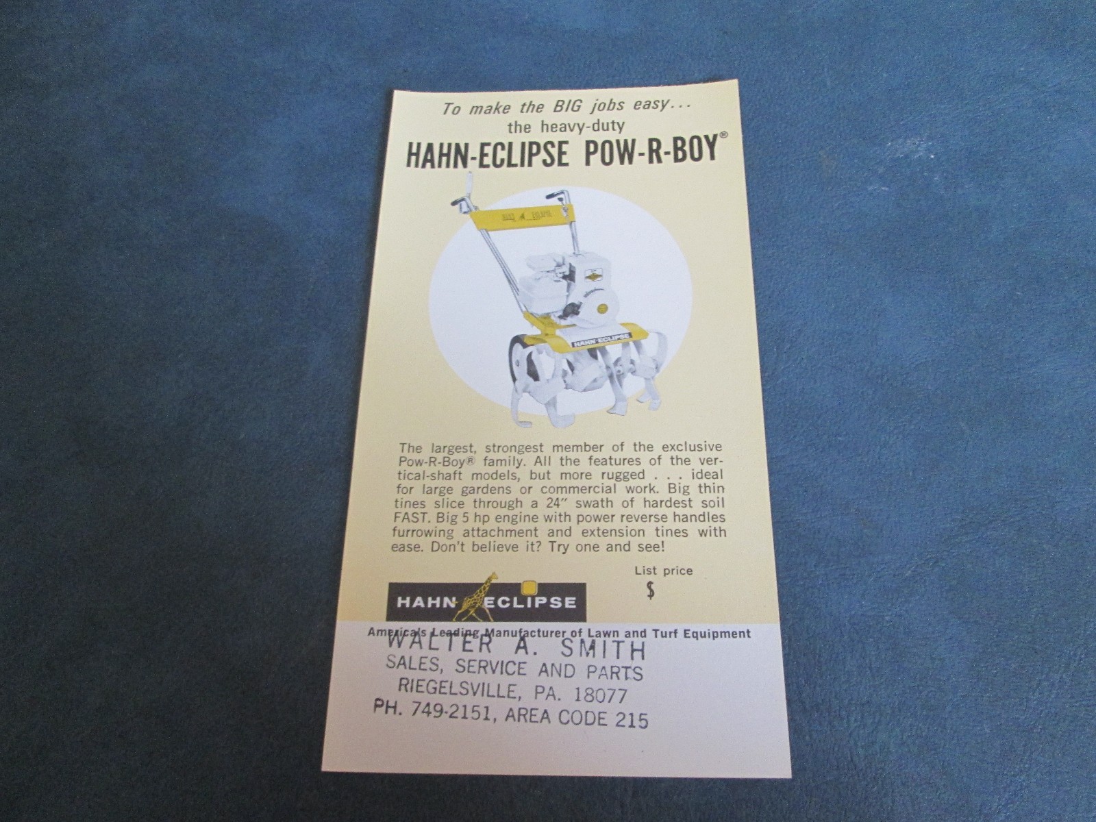 HAHN-ECLISPE POW-R-BOY TILLER ROUND FRONT BROCHURE *** VINTAGE ORIGINAL