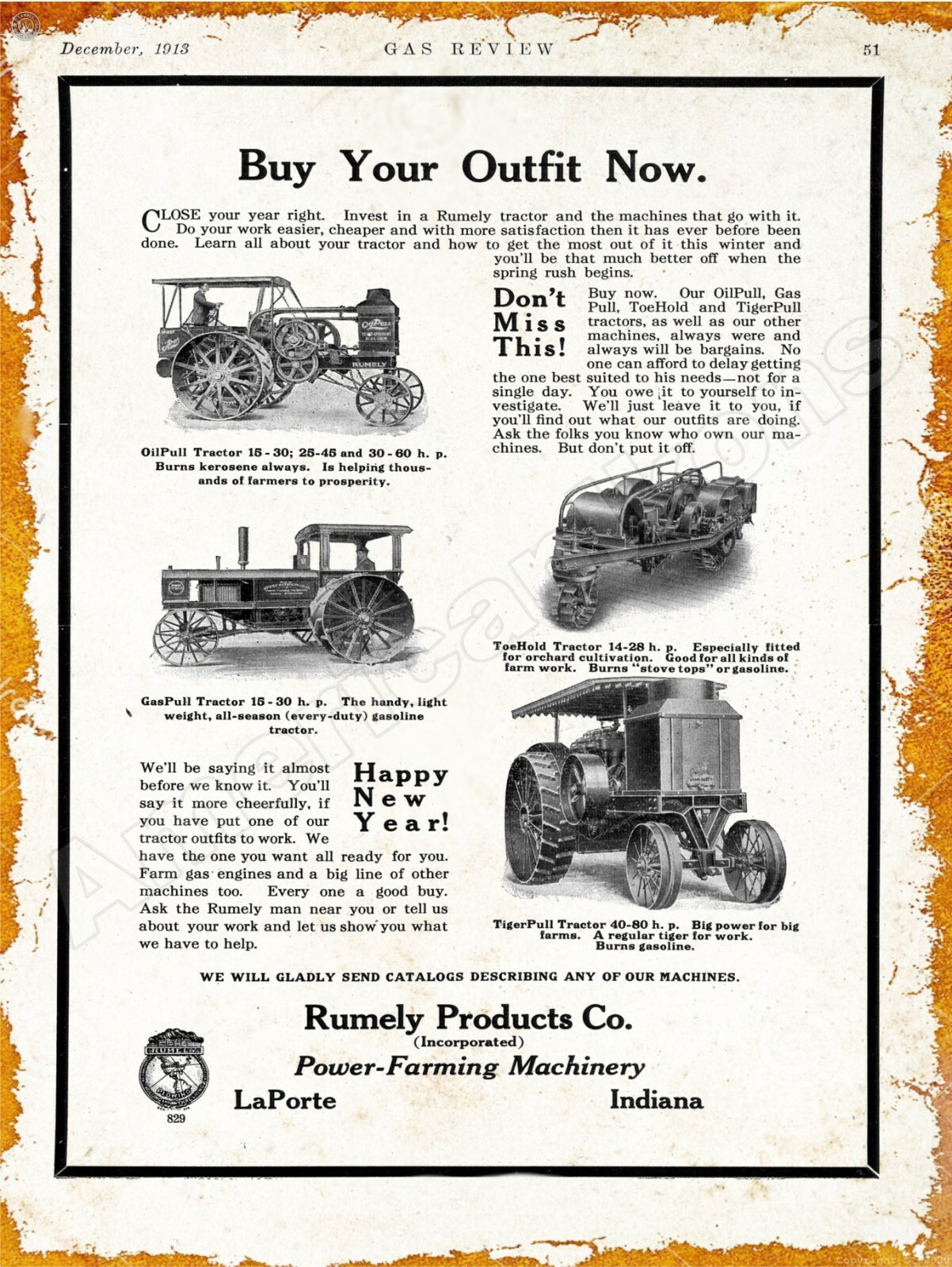 1913 Rumely Tiger, Oil, Gas Pull Tractors, New Metal Sign: La Porte Indiana
