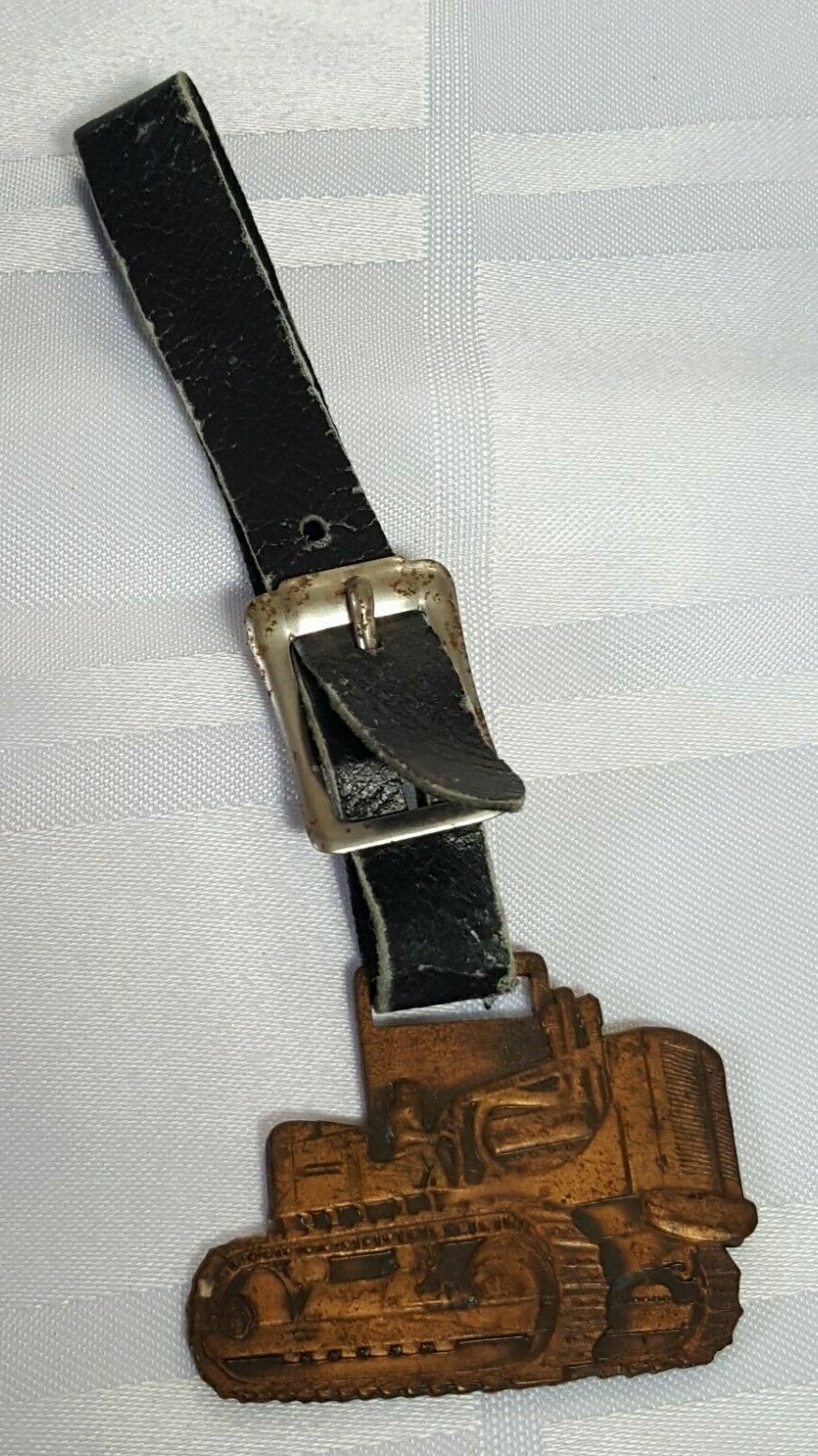 AC SHERIDAN EQUIPMENT FOB BADGE ON LEATHER STRAP AGRACULTURE FARM TRACTOR METAL