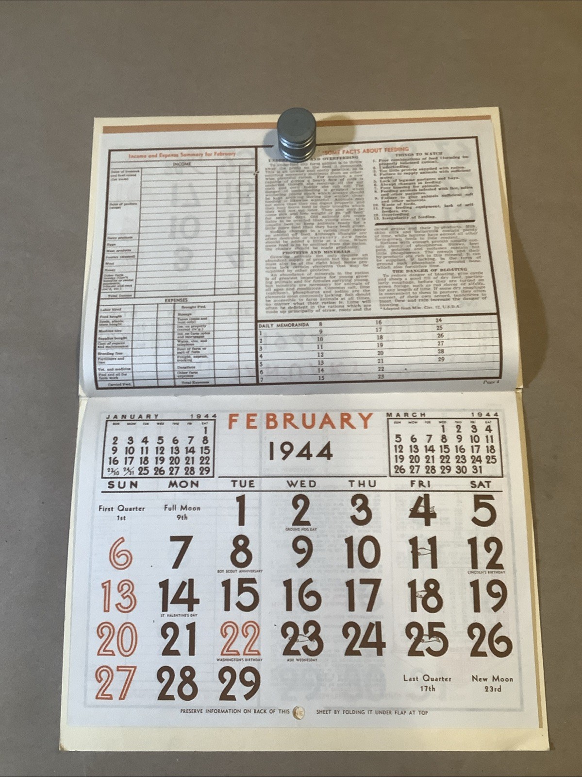 1944 Muntz-McLaughlin Co. Farm Inventory Calendar Holgate OH INV-P0547