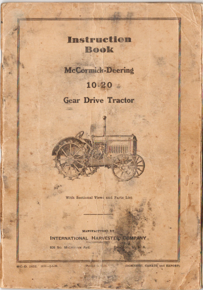 1930 McComick-Deering Intruction Book 10-20 H. P. Gear Drive Tractor