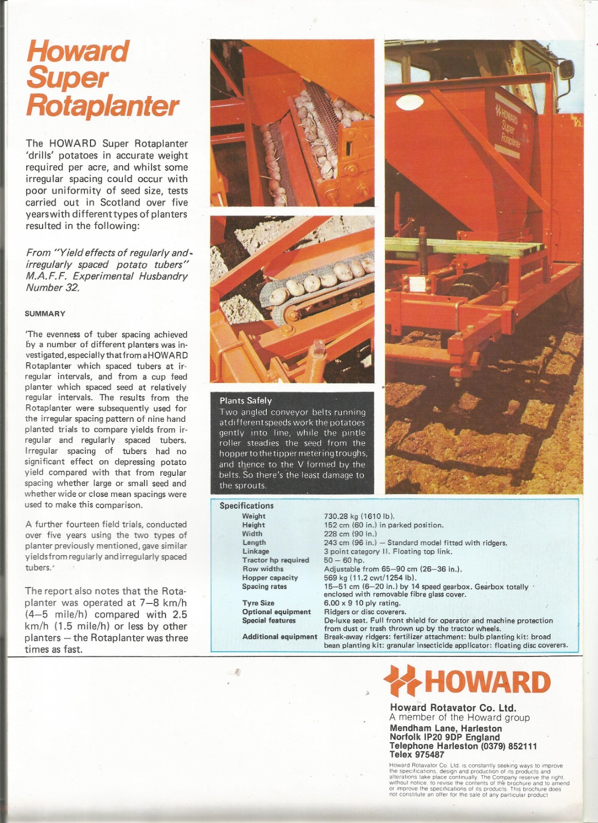 Original OEM OE Howard Super Rotaplanter Sales Brochure Specifications Sheet