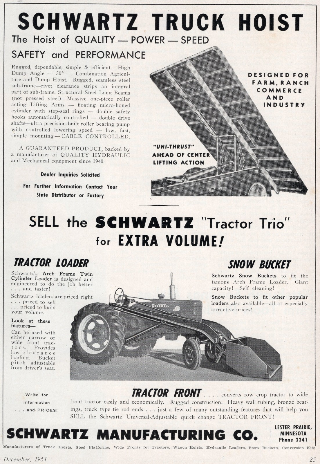 1954 Dealer Print Ad of Schwartz Farm Tractor Loader Snow Bucket & Truck Hoist