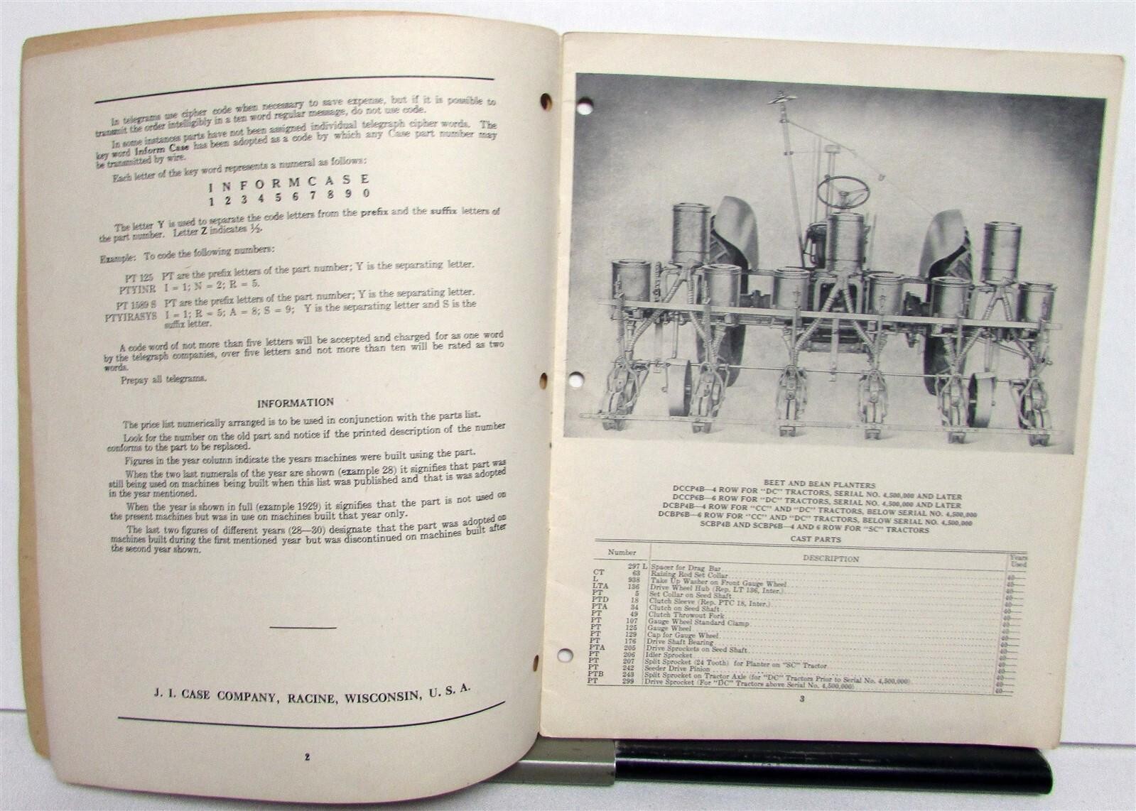 1944 Case Beet & Bean Planters Specifications Farming Parts Lists