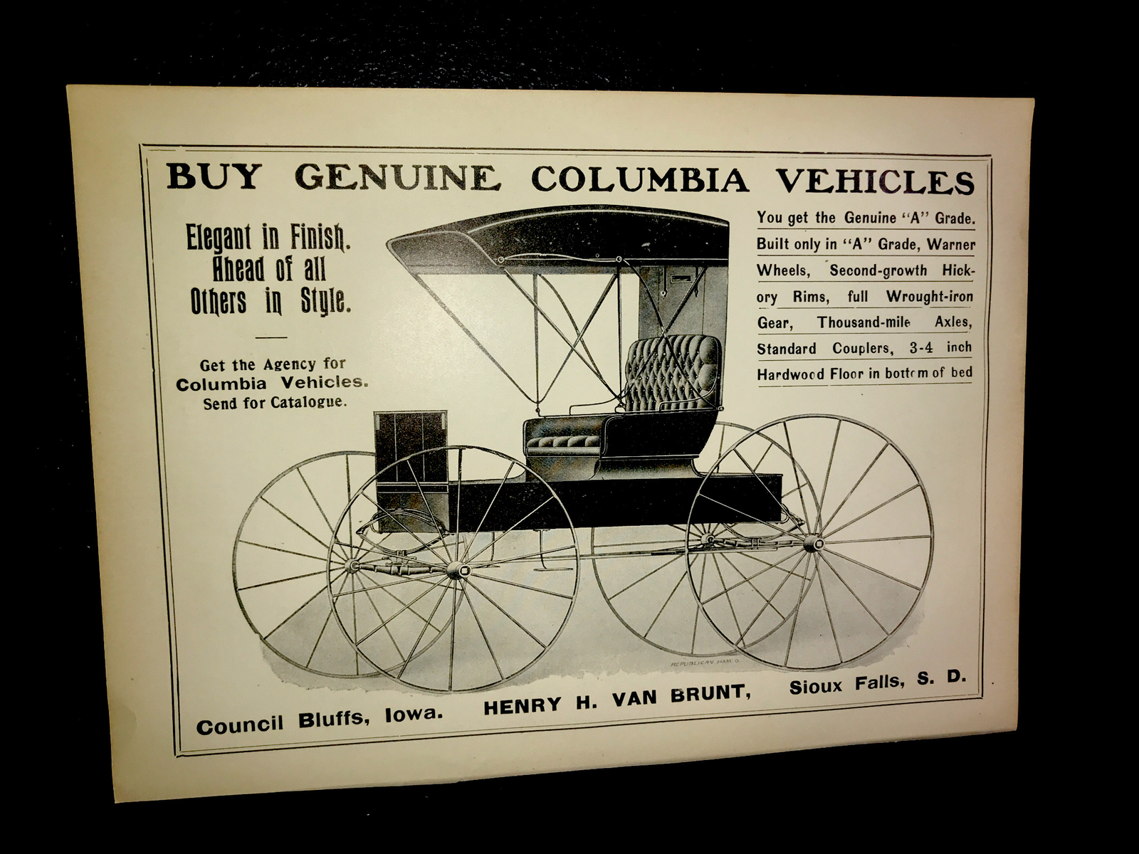 1905 Van Brunt Columbia Wagon – Council Bluffs IA – Sioux Falls SD – Advertising