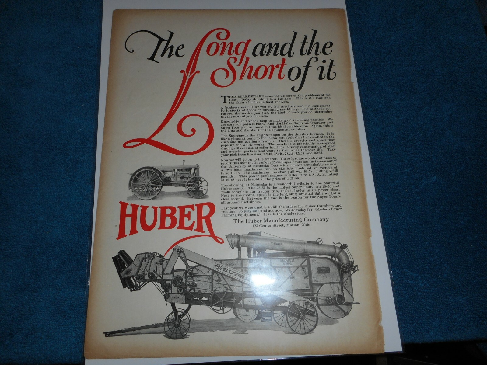 Huber Mfg., Marion, OH 1927 Orig. Advertisement: Supreme Separator, Super Four