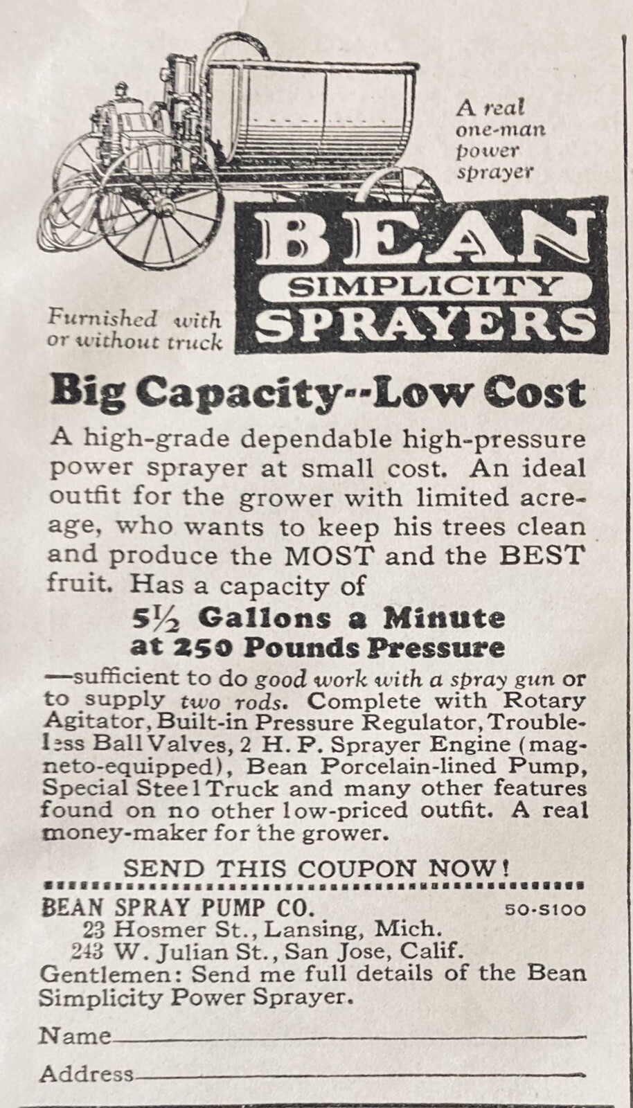 1926 AD.(XH6)~BEAN SPRAY PUMP CO. LANSING, MI. BEAN POWER ORCHARD SPRAYER