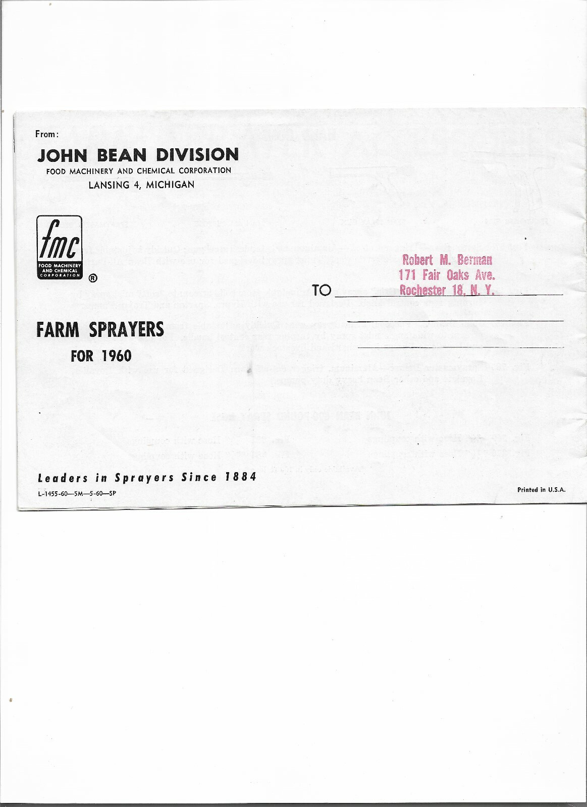 Original OEM 1960 John Bean 401 402 403 55TM 1010TM Farm Sprayers Sales Brochure