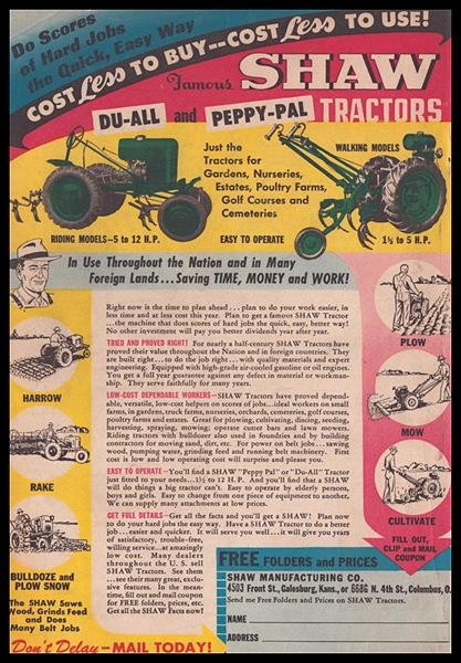 1950 Shaw Du-All & Peppy-Pal Walking or Riding Tractor AD Color Full page
