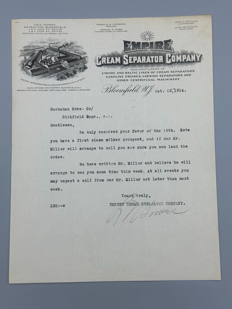 1914 EMPIRE CREAM SEPARATOR Dairy FARM Advertising Letter BLOOMFIELD NJ Antique