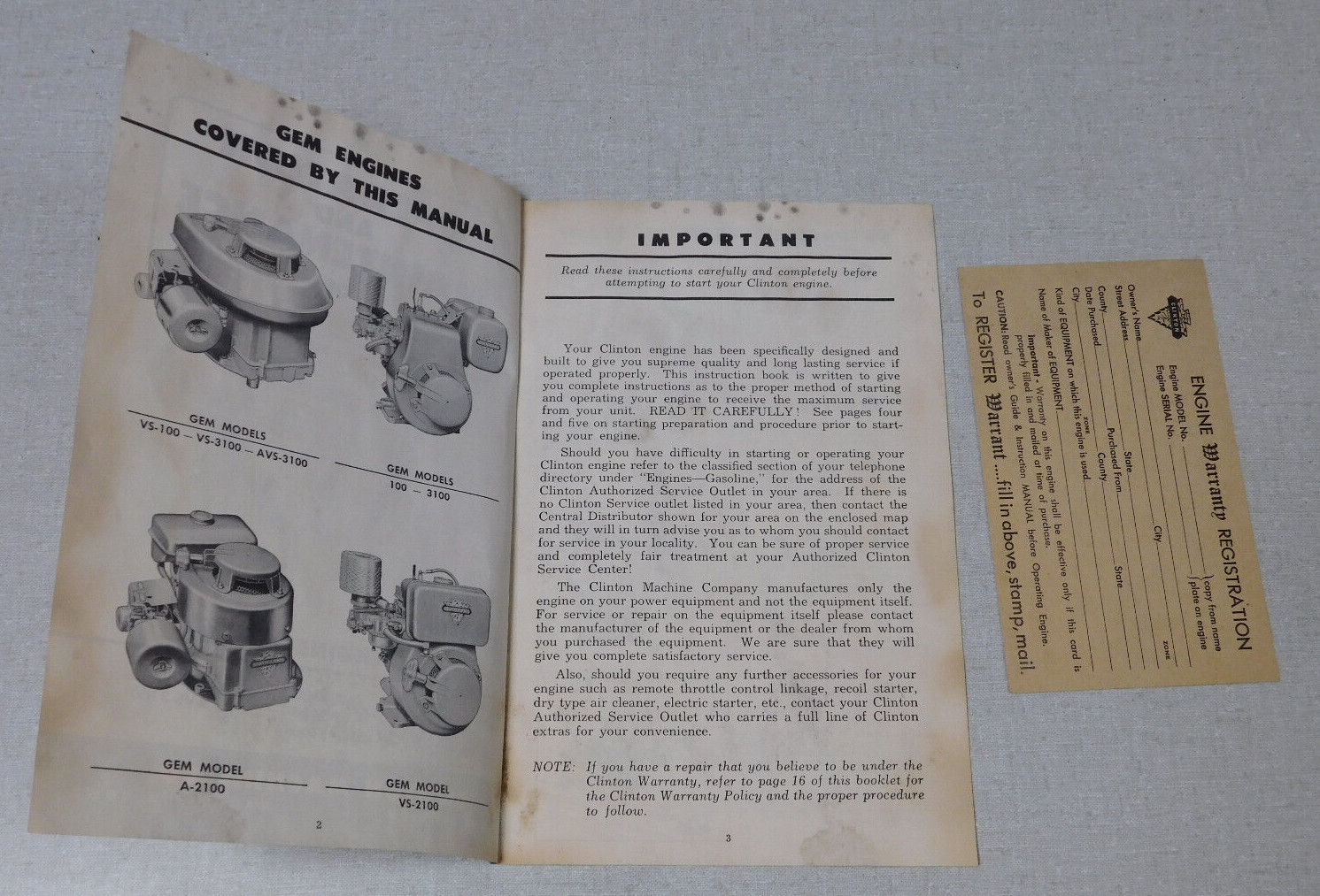 Clinton Gem Engine Models 100 VS100 A2100 VS2100 VS3100 instruction manual