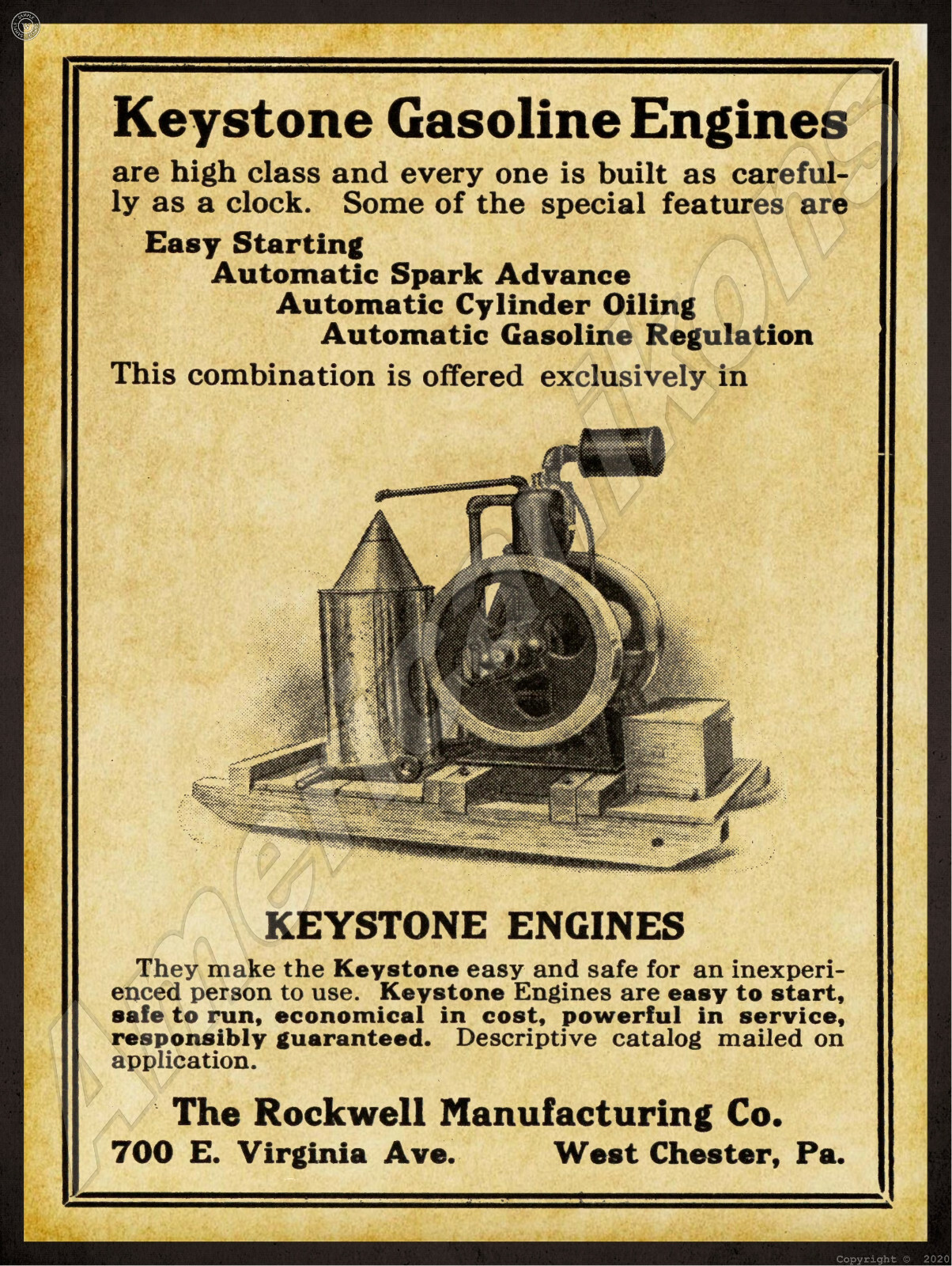 1912 Keystone Gasoline Engines New Metal Sign: Rockwell Mfg. Large Size