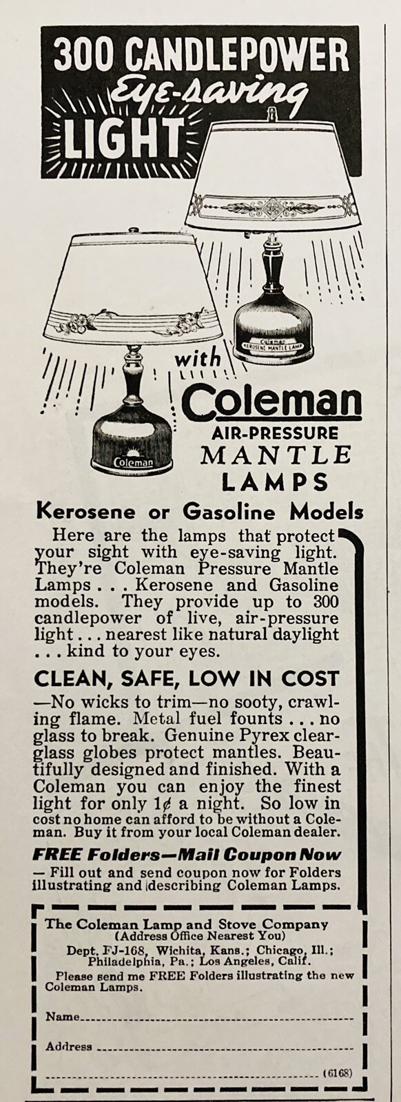1936 AD.(XH70)~COLEMAN LAMP & STOVE CO. WICHITA, KS. COLEMAN KEROSENE LAMPS