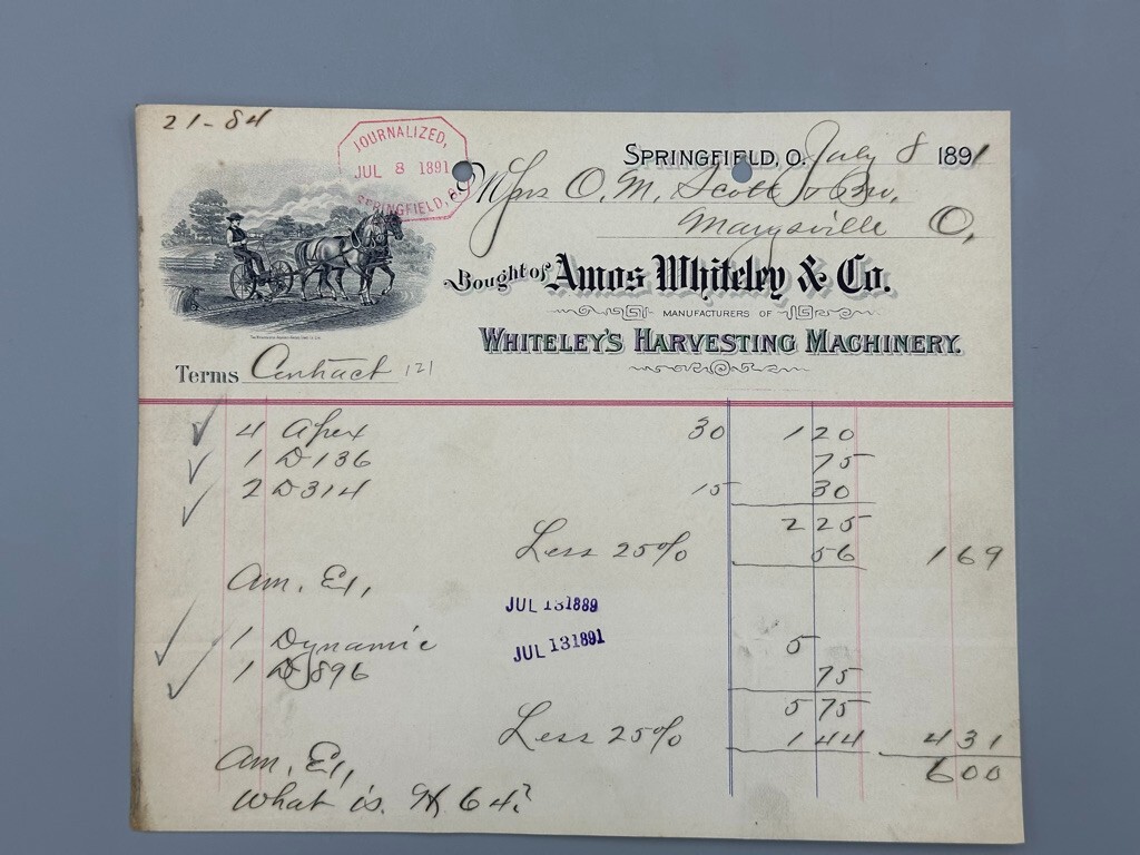 1891 WHITELY HARVESTING Machinery FARM ADVERTISING Billhead SPRINGFIELD Ohio