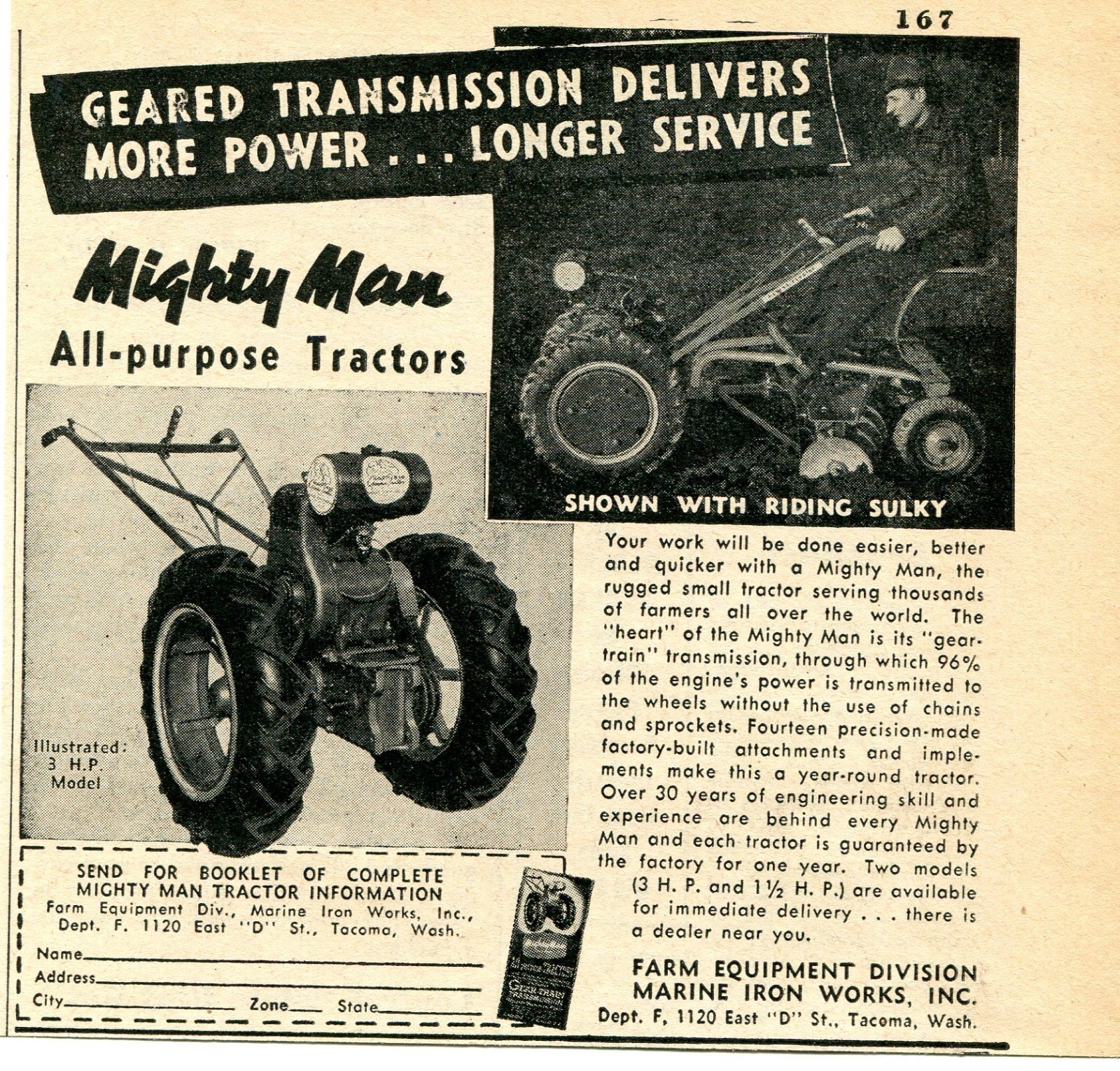 1948 small Print Ad of Marine Iron Works Mighty Man All-Purpose Tractor