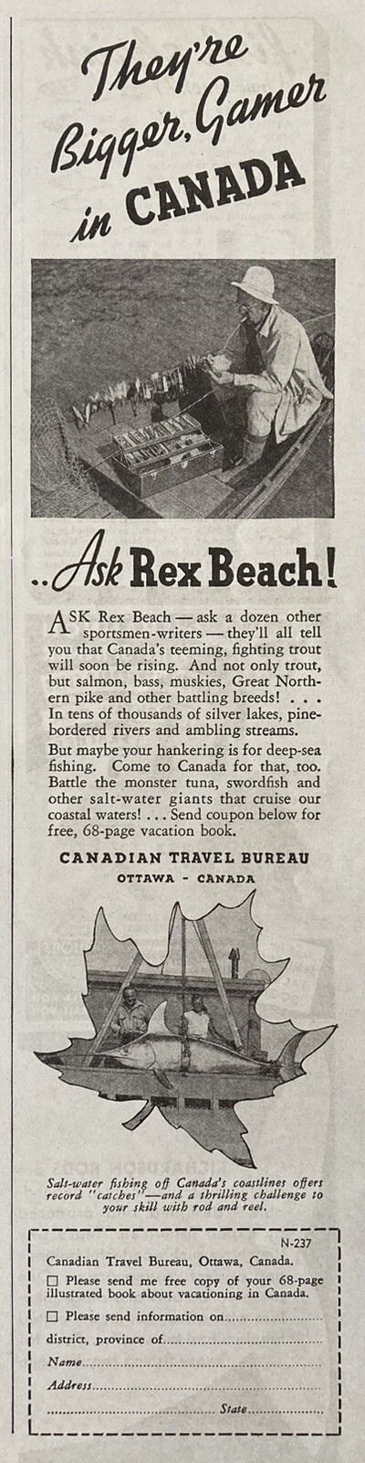 1937 AD.(XH65)~CANADIAN TRAVEL BUREAU, OTTAWA, CANADA. FISHING VACATIONS