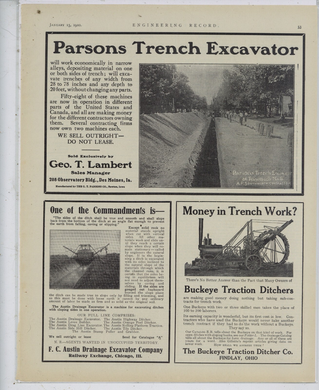1910 Buckeye Traction Ditcher Ad: Money In Trench Work! – Findlay, OhiO