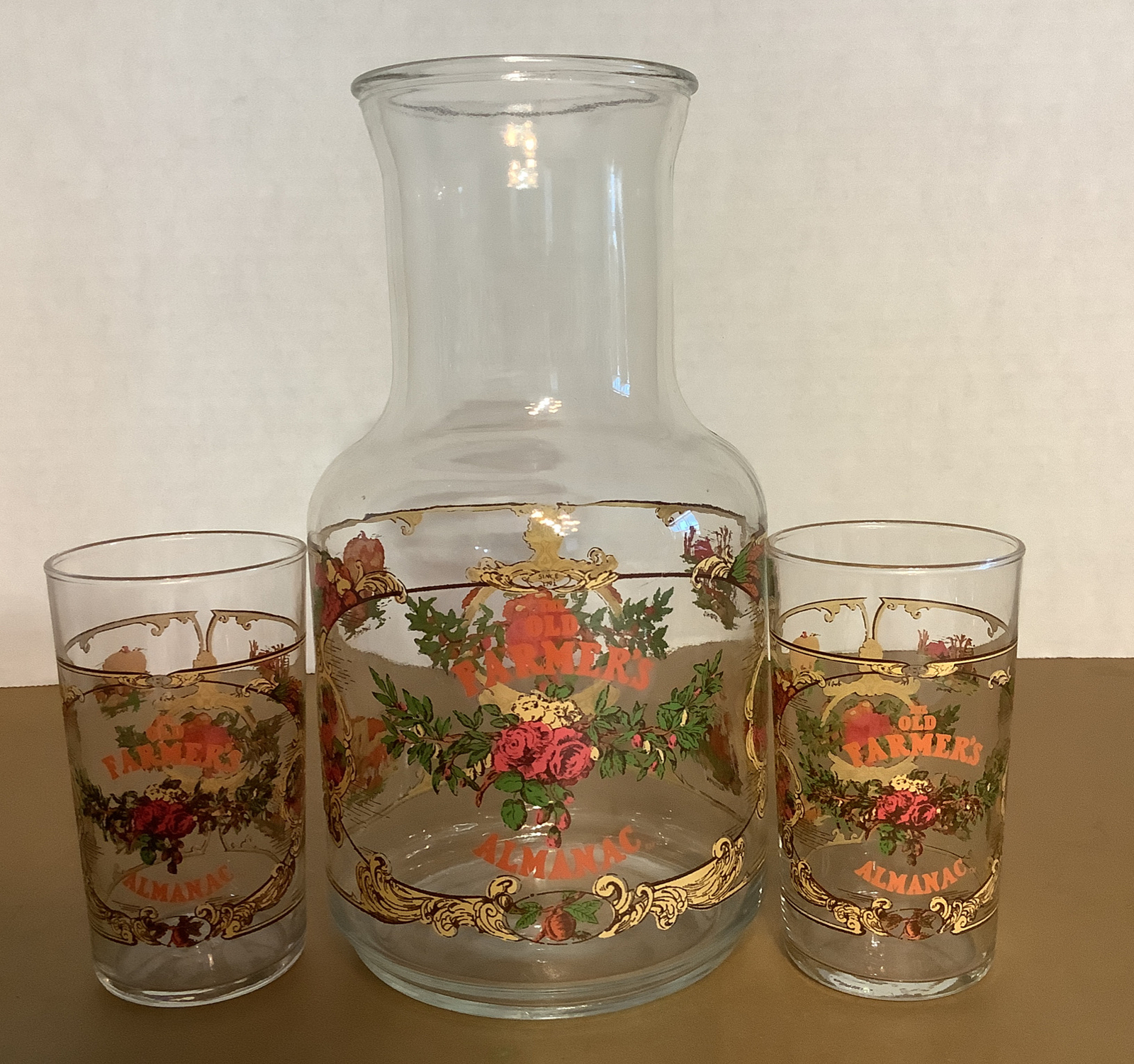 Vintage The Old Farmers Almanac Juice Set Carafe And 2 Glasses