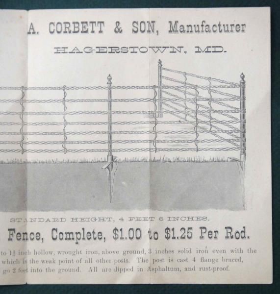 1888 antique HUSSELMAN WIRE FENCE HITCHING POST hagerstown md AD farm yard lawn