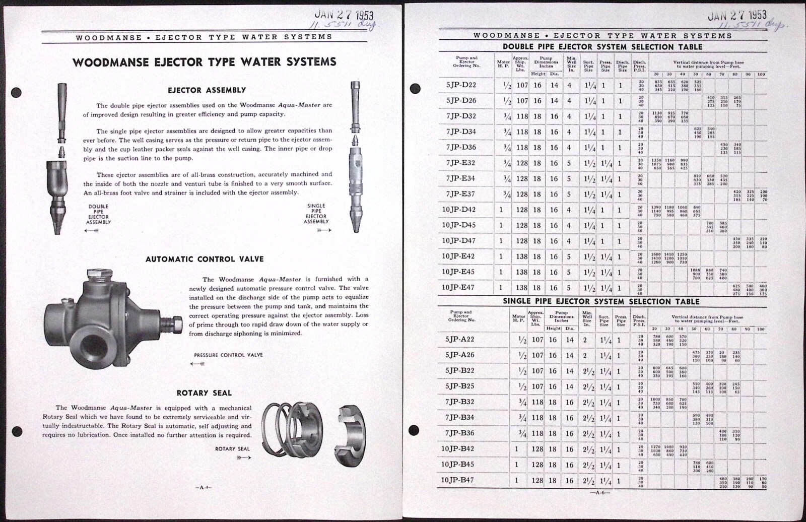 1953 Woodmanse Shallow and Deep Well Ejector Water Systems Brochure