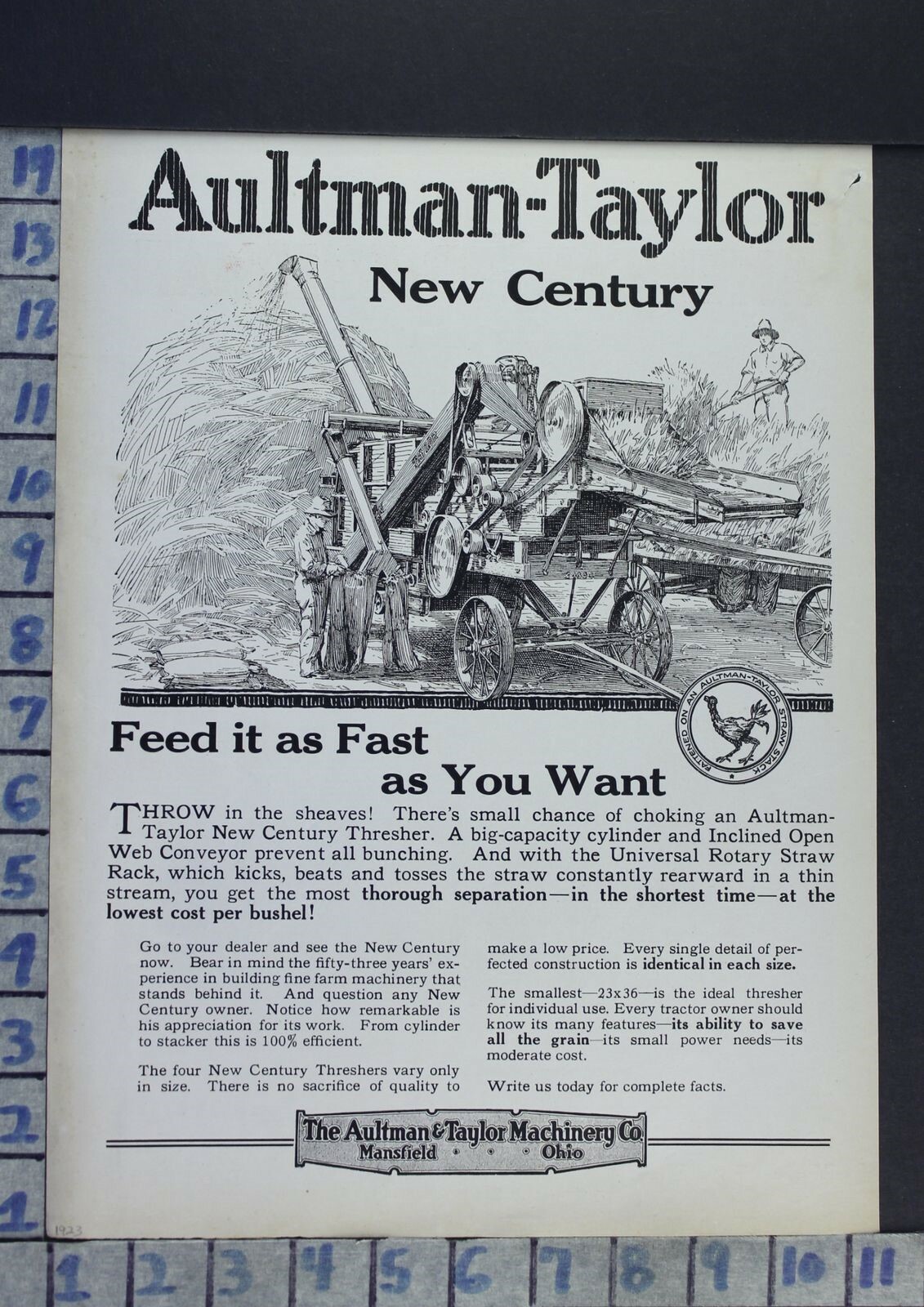 1923 AULTMAN TAYLOR OHIO THRESHER AGRICULTURE FARM TRACTOR MACHINERY AD CA99
