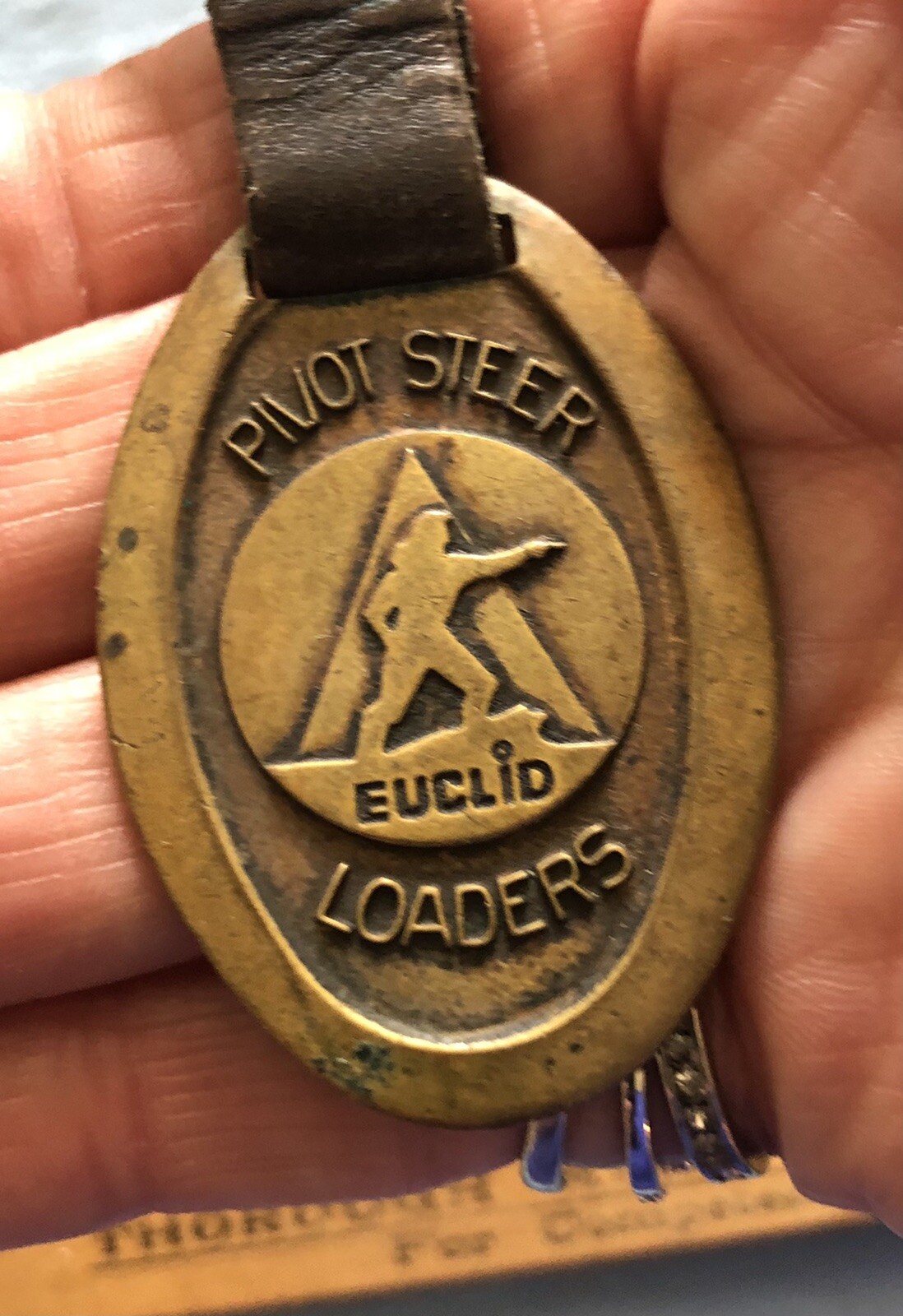 Advertising Euclid Pivot Steer Loaders Brass With Leather Strap Key Fob