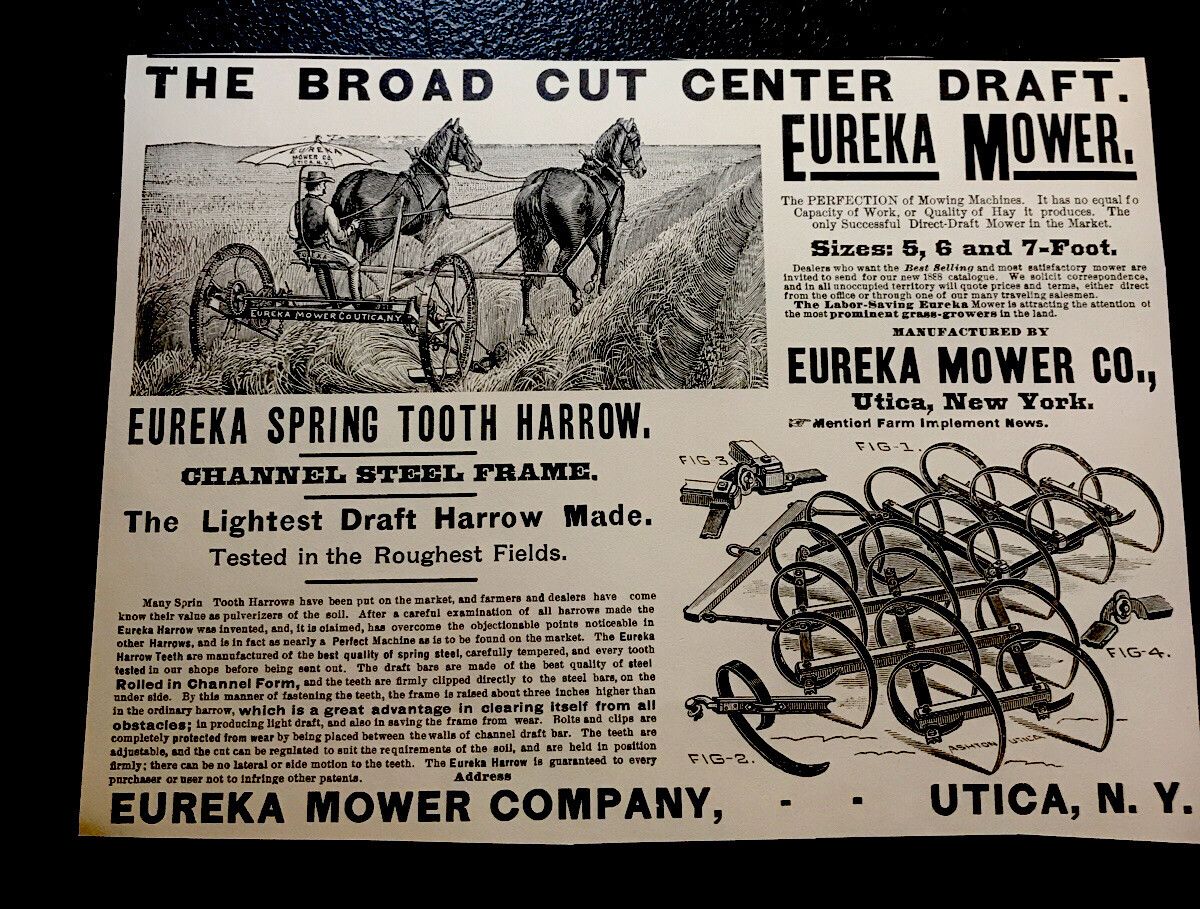 1889 Eureka Mower Co. Farm Machinery Advertising – Utica – New York