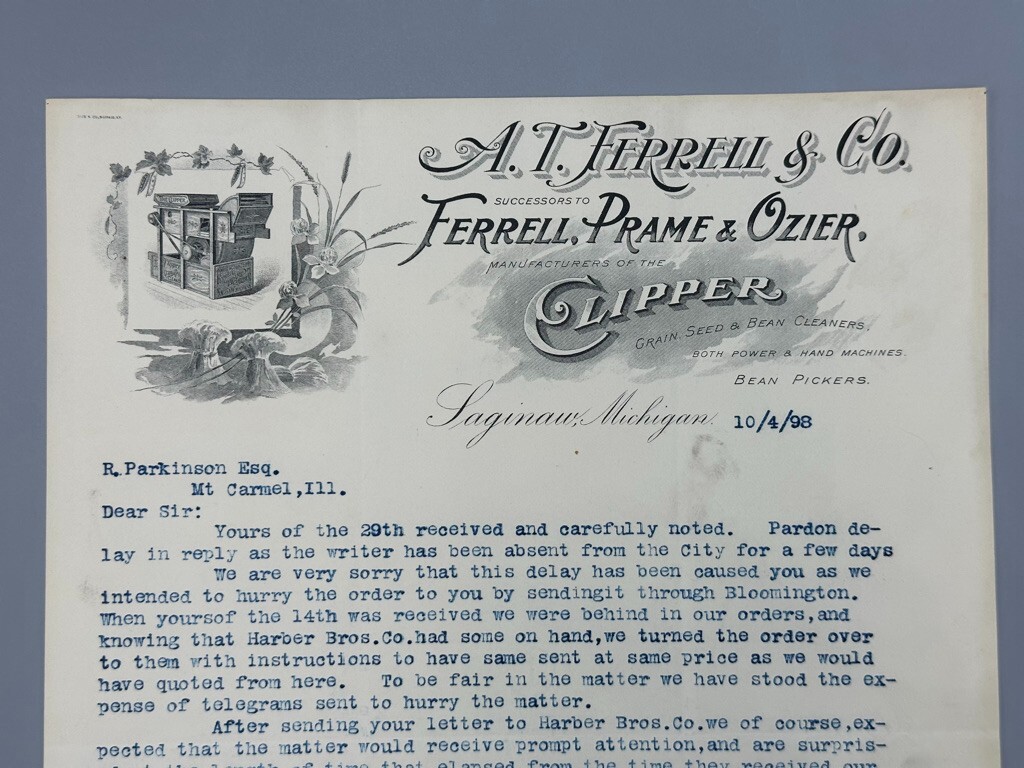 1898 A.T. FERRELL Co FARM CLIPPER Advertising Letter SAGINAW Michigan Antique