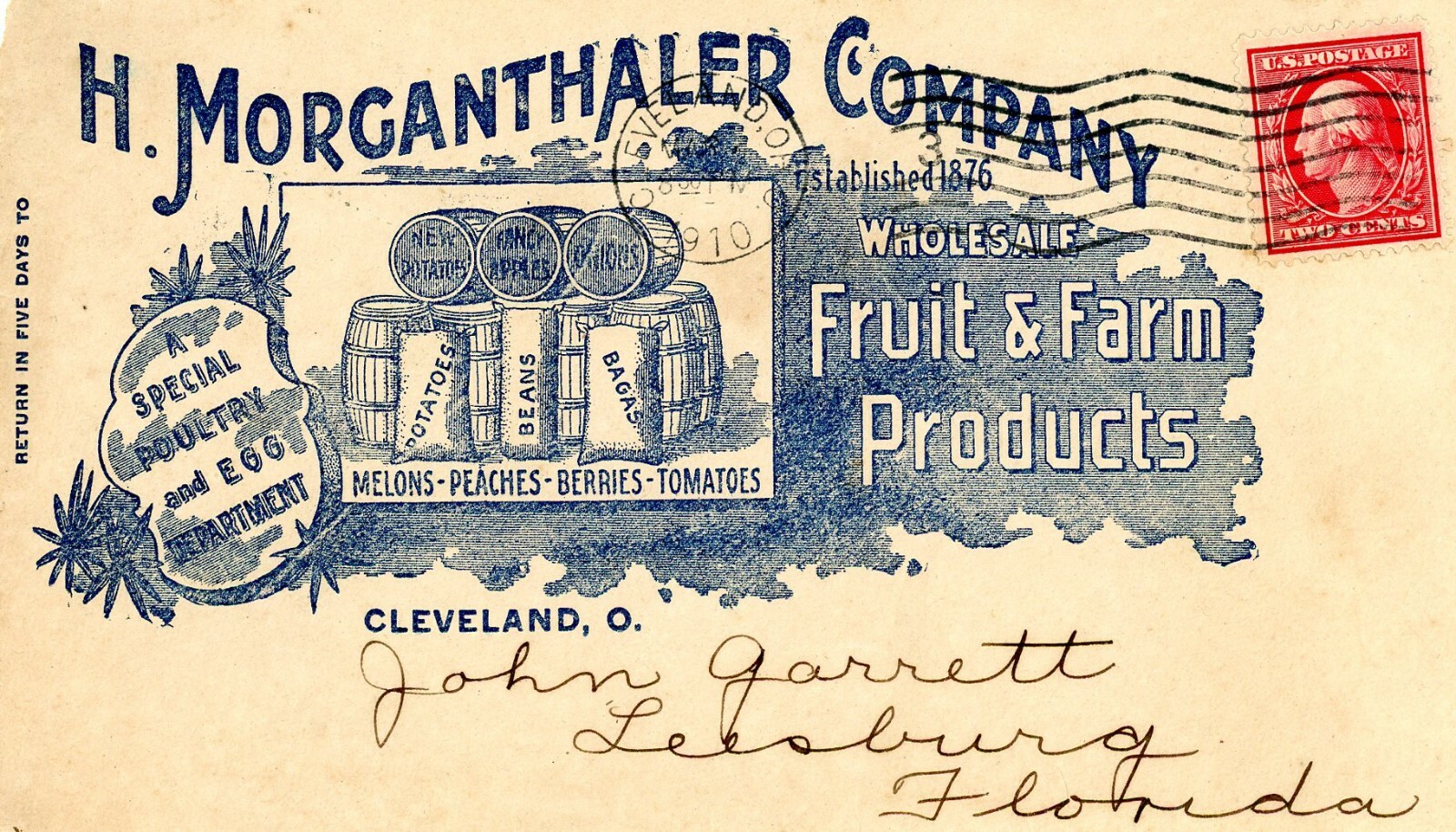 1910 Stamped Envelope – H. Morganthaler Co. Fruit & Farm Products Cleveland Ohio
