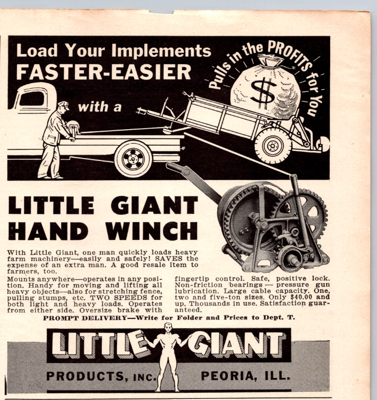 1947 Print Ad Little Giant Products Peoria Ill Load Implements Faster Hand Winch