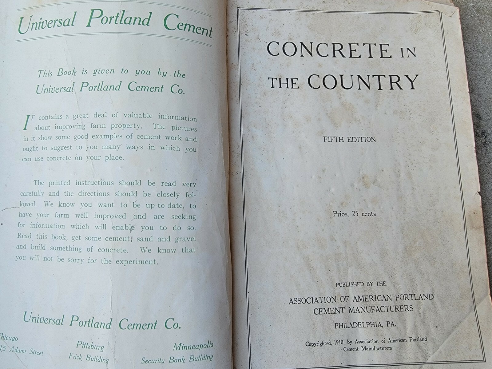 c1910 Advertising Catalog &lsquo;Concrete in the Country&rsquo; Universal Portland Cement Co