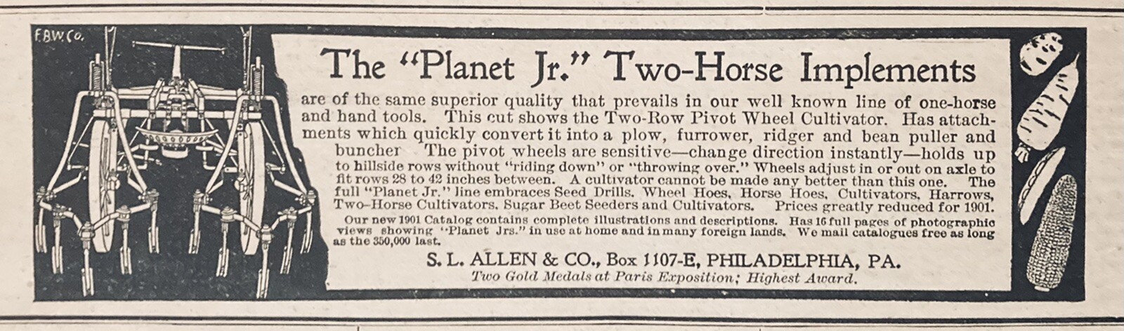 1901 AD.(XH11)~S.L. ALLEN CO. PHIL., PA. PLANET JR. TWO-HORSE IMPLEMENTS
