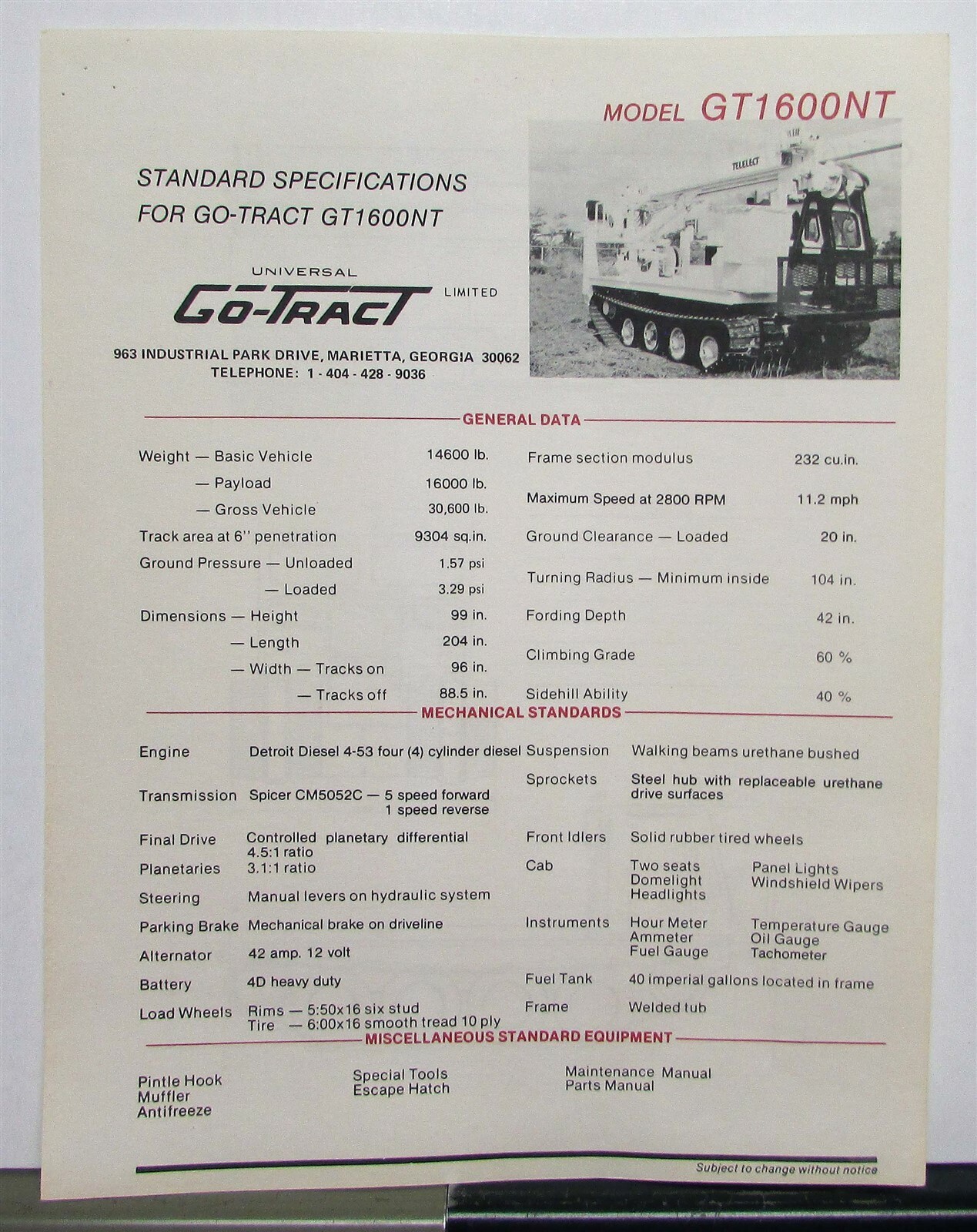 1976 Go Tract GT1600NT Specifications Construction Sales Brochure