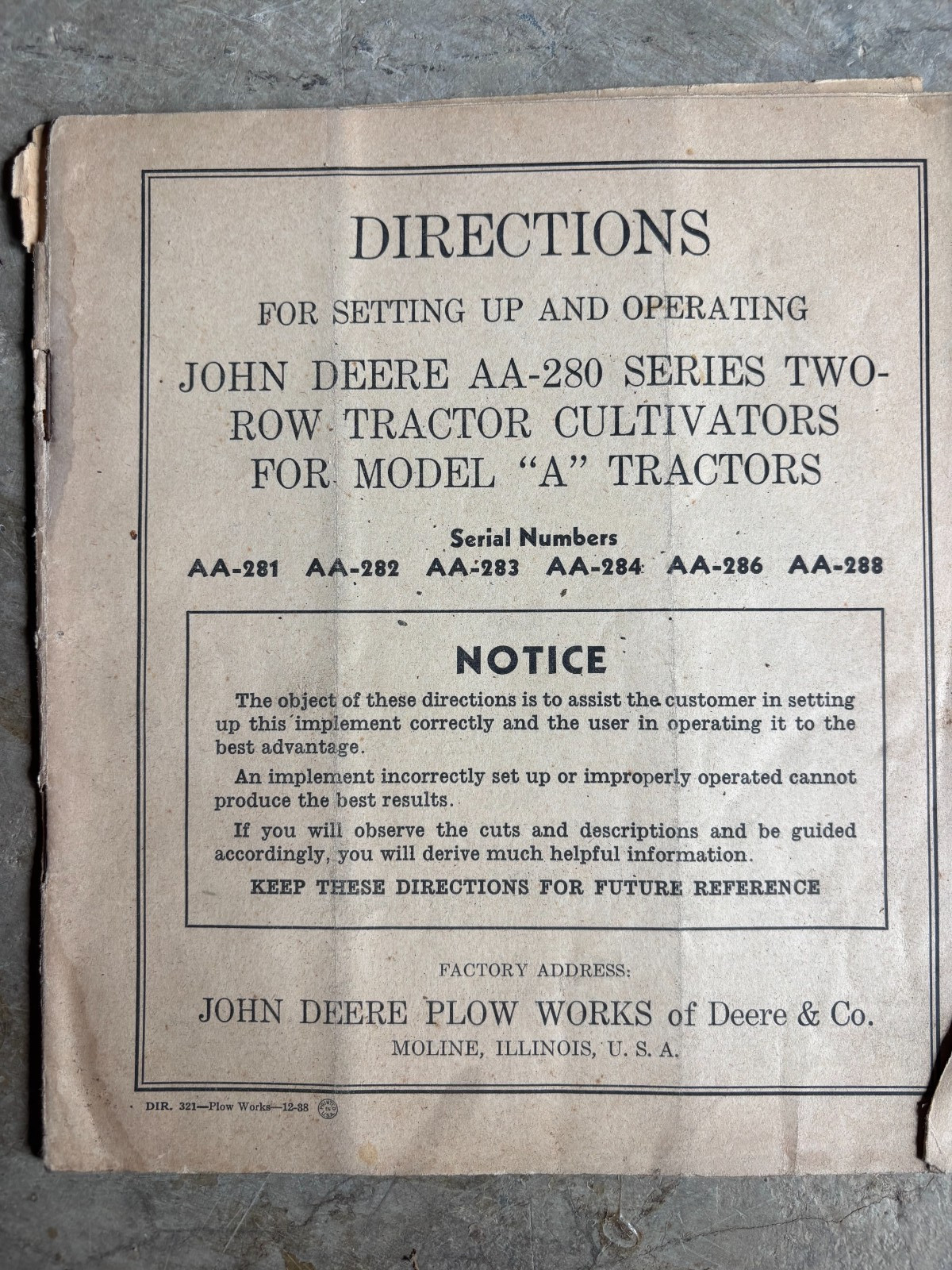 John Deere AA-280 Series Cultivators Operator&rsquo;s Manual AMIL26